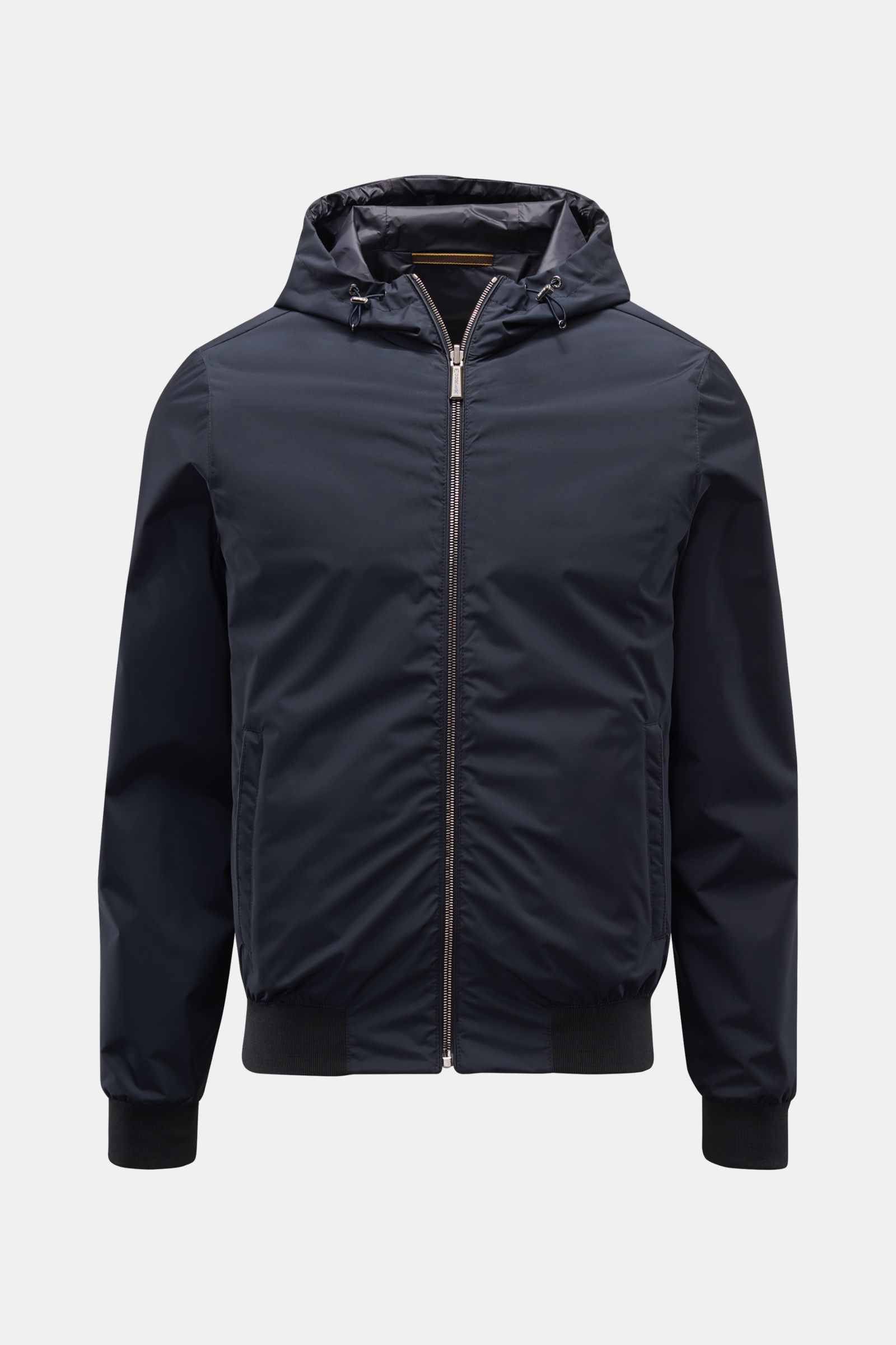 Front view of Moorer Wende-Blouson 'Dennys' navy, a slim fit, water-repellent outdoor jacket with microfiber, hood, high collar zipper, elastic cuffs, and zippered pockets. Functional luxury with reversible design for versatile style.