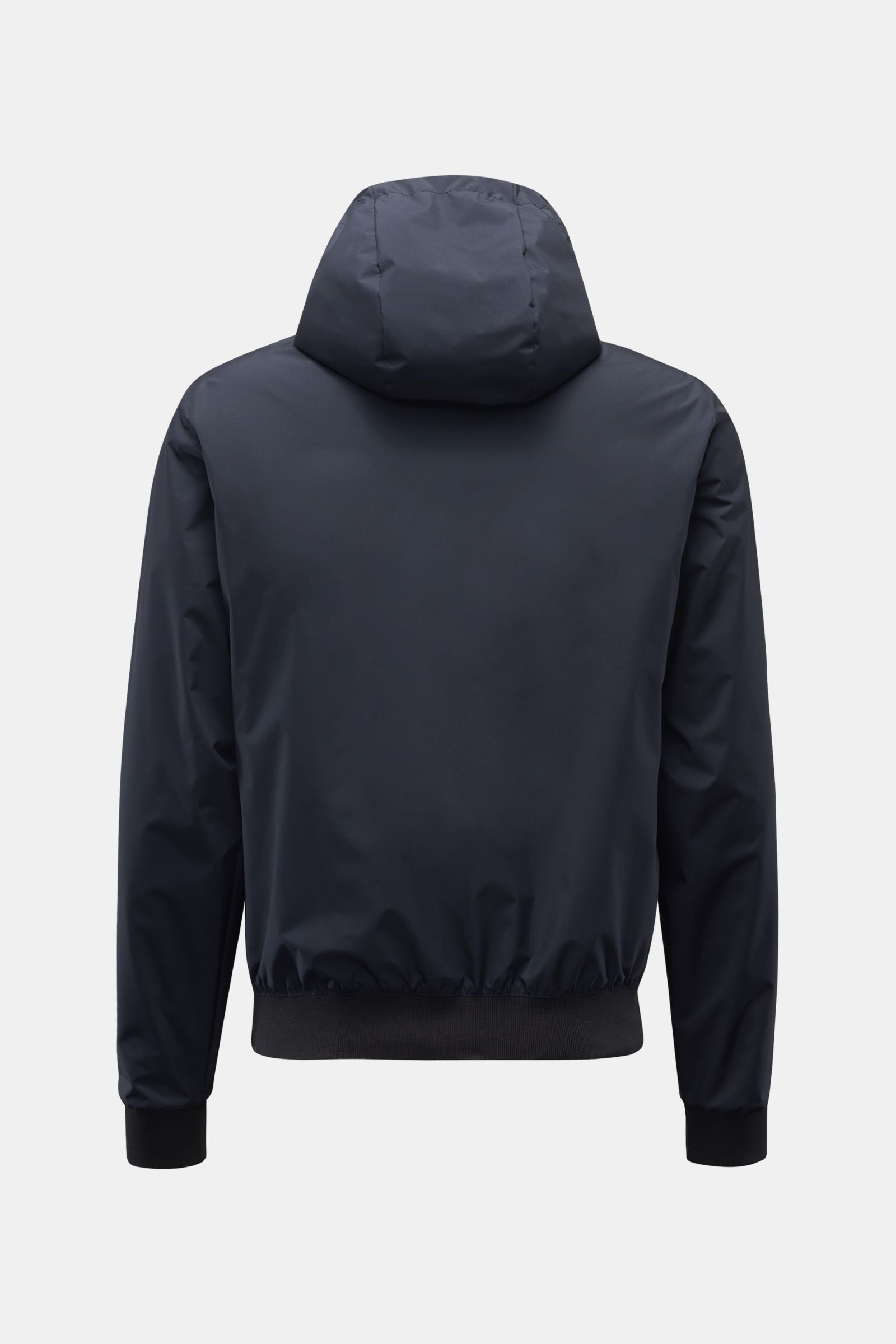 Rear view of the Moorer Wende-Blouson 'Dennys' navy jacket with hood, slim fit, water-repellent microfiber, elastic cuffs and hem, reversible design.