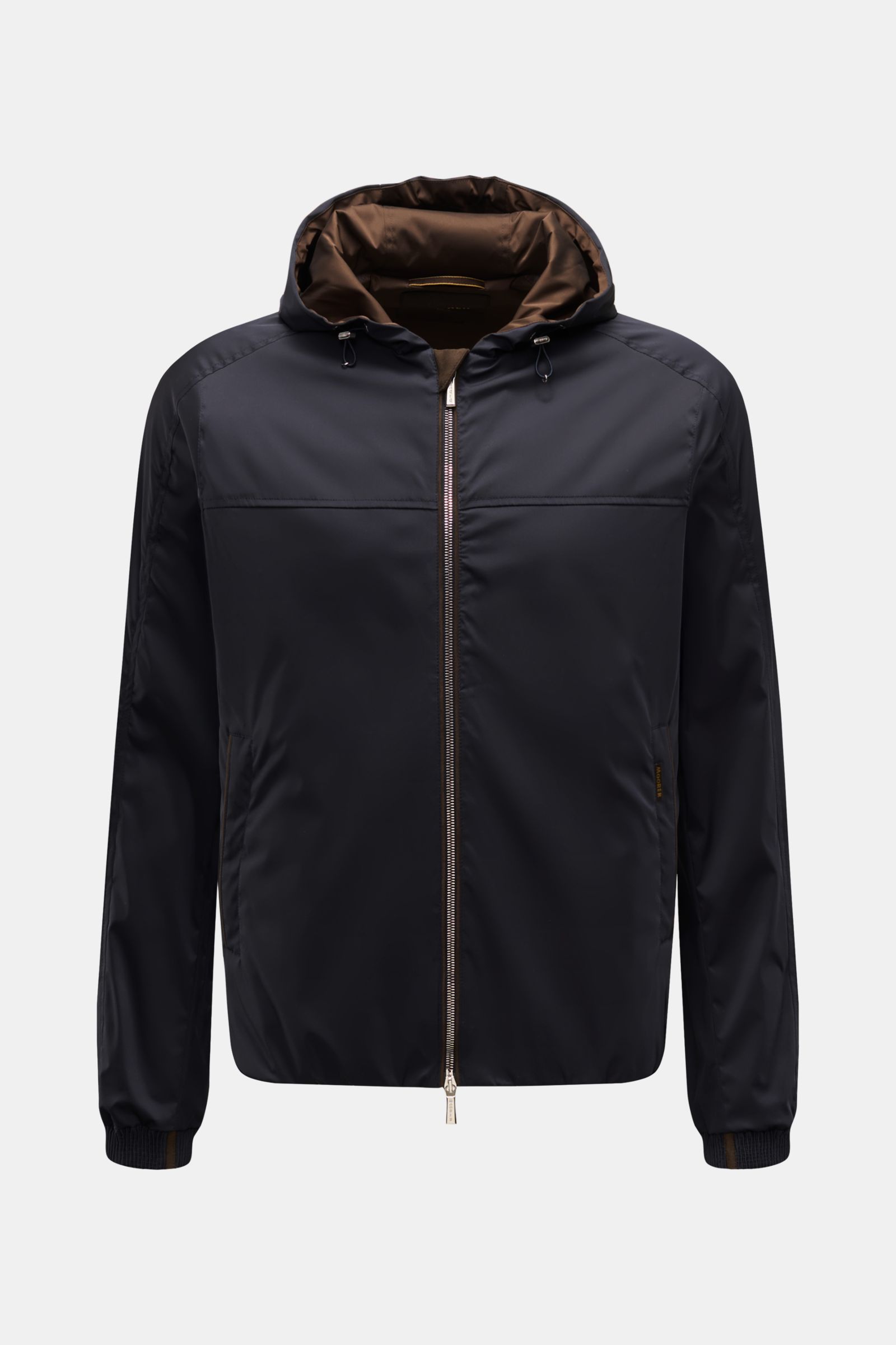Moorer Blouson 'Albori TJ' navy, frontale Aufnahme, Slim Fit, wasserabweisend aus Microfaser mit Kapuze, Zipper-Taschen, elastischen Bündchen und zwei Innentaschen.