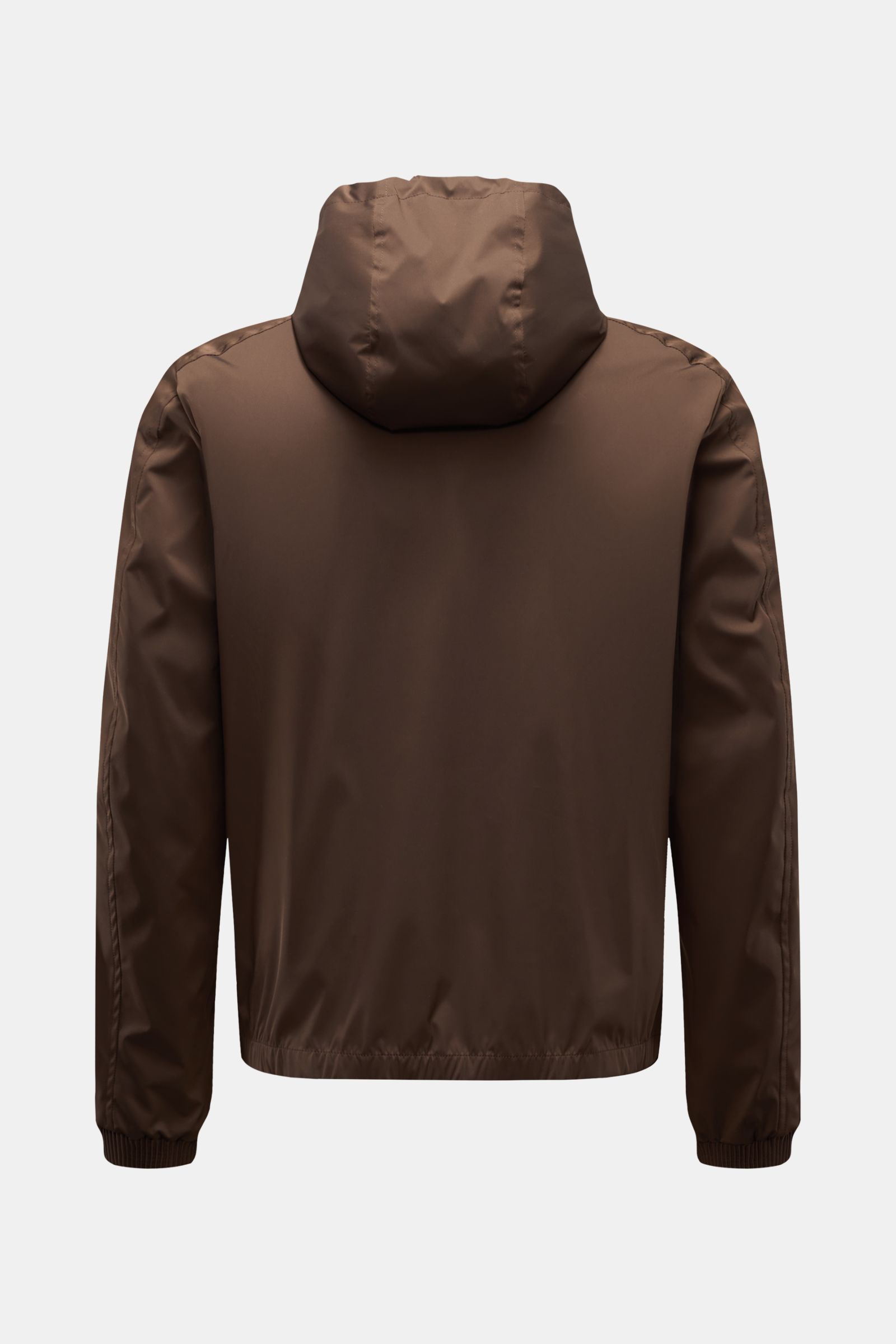 Rear view of Moorer Blouson 'Albori TJ' dunkelbraun, a slim fit, water-repellent jacket with hood, elastic cuffs, and smooth microfiber fabric. Outdoor-Essential mit Anspruch: Der Blouson von MOORER verbindet funktionale Performance mit stilvoller Eleganz