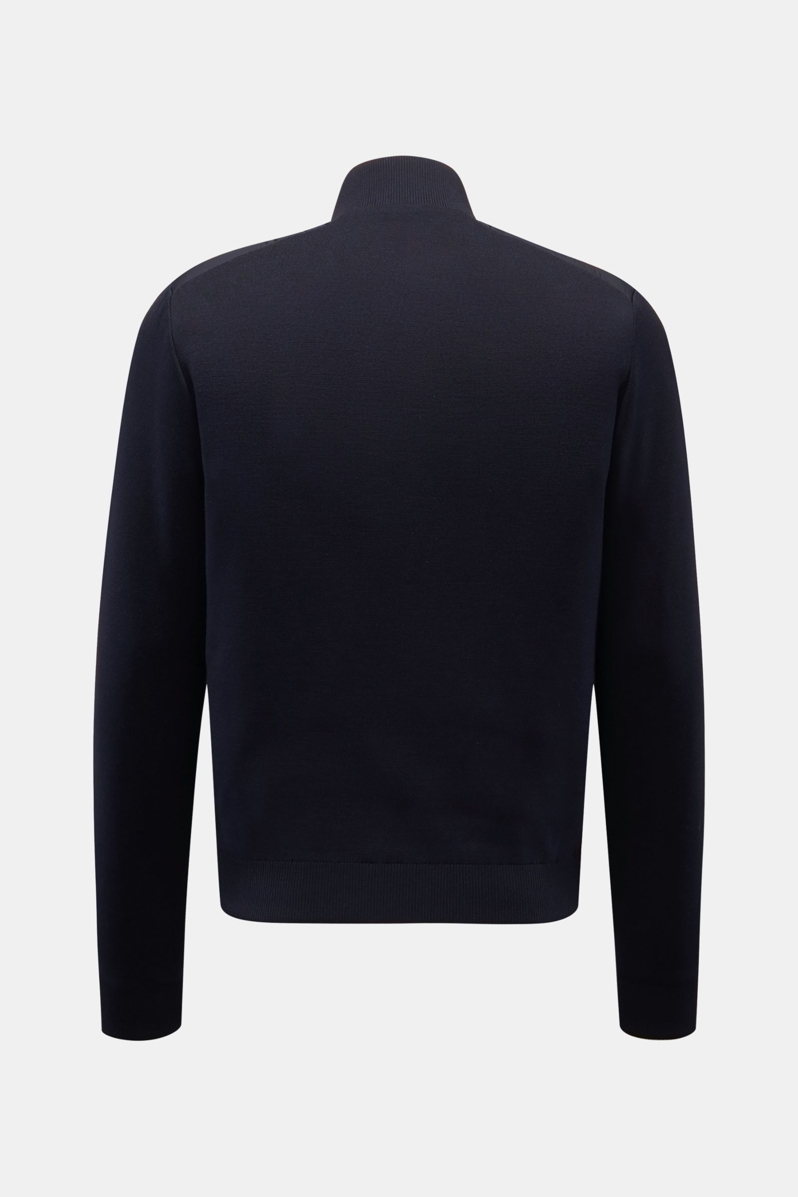 Moorer Daunen-Strickjacke 'Duncan' navy, Rückansicht, weicher Strick aus Wolle, Seide, Cashmere, leichte Daunen-Steppfront, Slim Fit, Stehkragen, Rippbündchen.