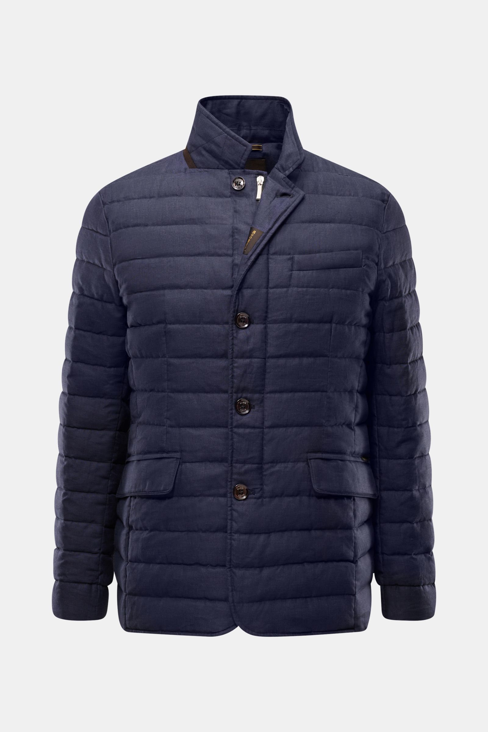 Front view of the Moorer Down jacket 'Zavyer' navy mottled, an elegant quilted jacket in pure linen with a smooth feel, classic topstitch, lightweight down lining, slim fit, leather collar detail, two-way zip, storm flap with buttons, classic breast pocke