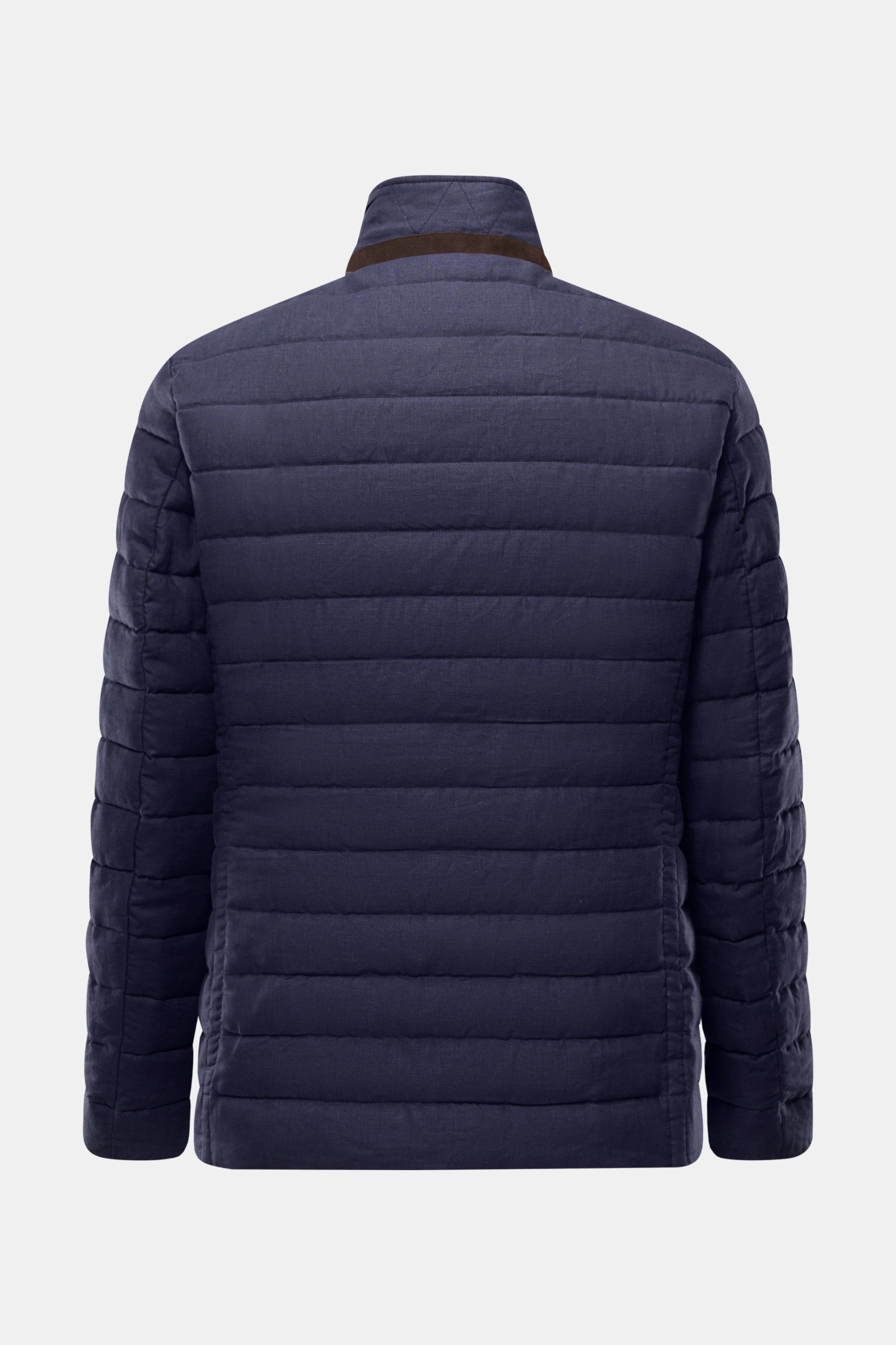 Rear view of Moorer Down jacket 'Zavyer' navy mottled, an elegant quilted slim fit jacket in pure linen with a smooth feel, featuring classic topstitch, lightweight down lining, leather detail on the collar, two-way zip, storm flap with buttons, classic b