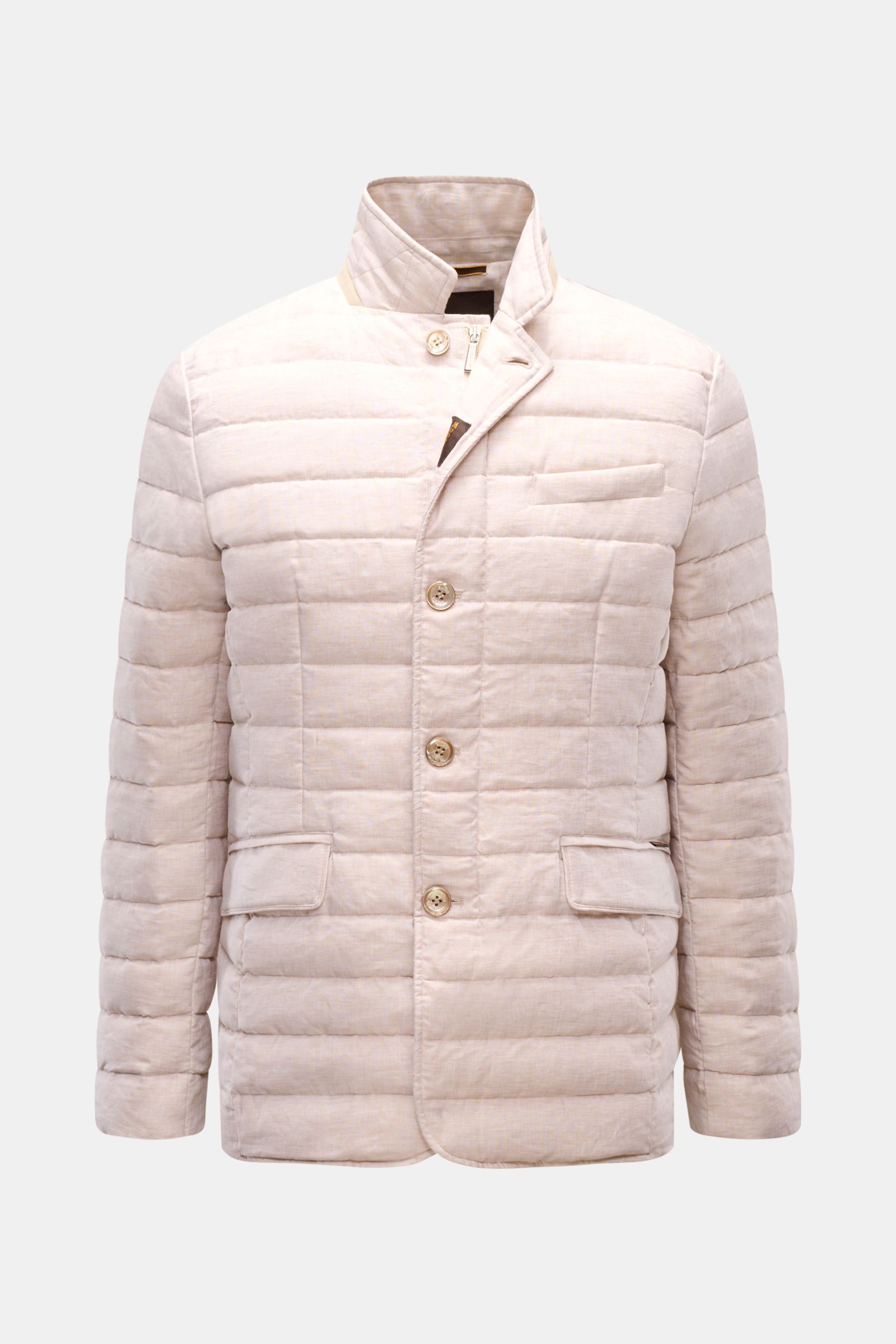 Front view of Moorer Down jacket 'Zavyer' beige mottled, elegant quilted linen jacket with smooth feel, slim fit, leather collar detail, two-way zip, storm flap with buttons, classic breast pocket, hip flap pockets, smooth lining, lightweight down lining,