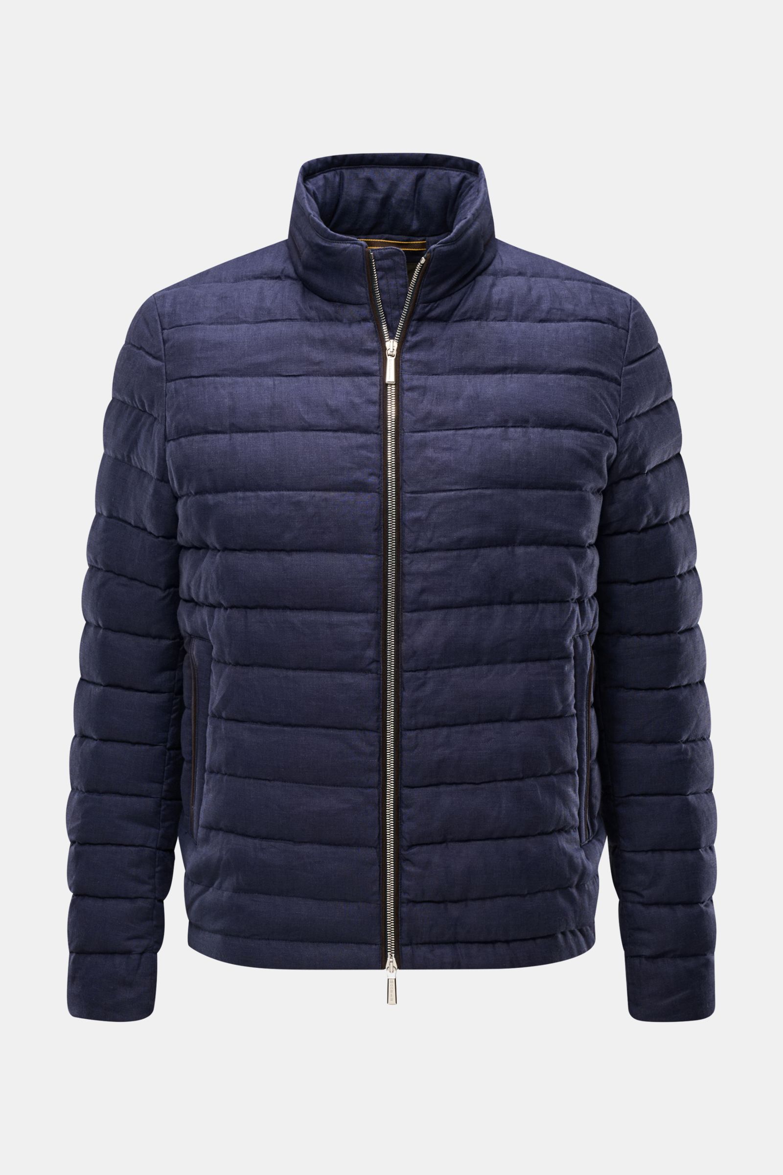 Moorer Daunenjacke 'Alec' navy meliert, frontale Nahaufnahme, reines Leinen, Steppnähte, Slim Fit, Daunen, Kapuze im Kragen, Zipper-Taschen.