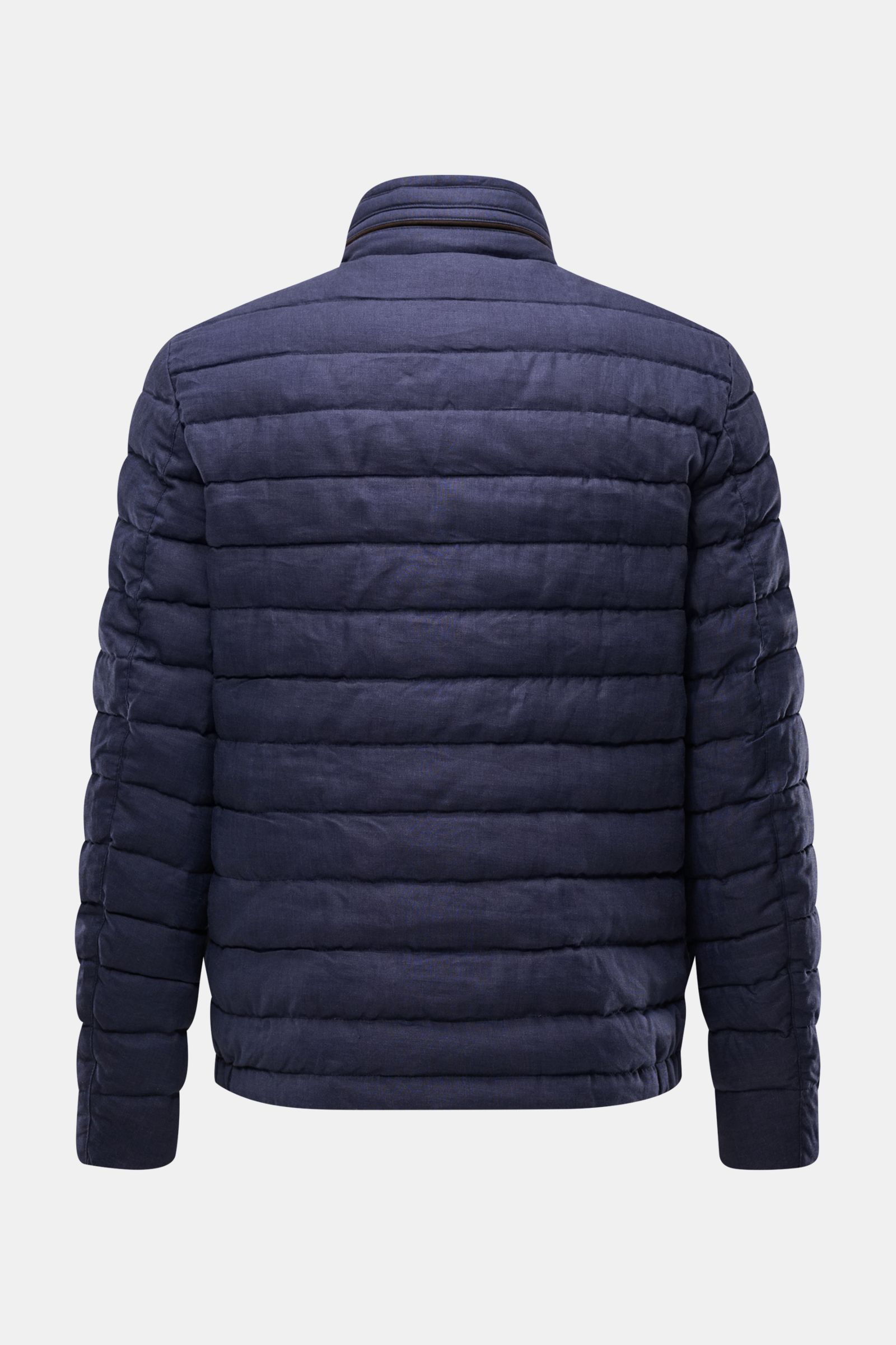 Moorer Daunenjacke 'Alec' navy meliert, Rückansicht, reine Leinen-Steppjacke mit leichter Daunenfüllung, Slim Fit, Kapuze im Kragen, Zipper-Taschen.
