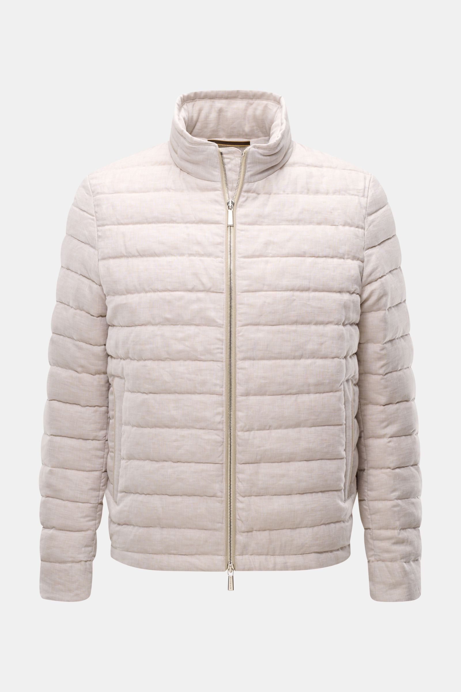 Moorer Daunenjacke 'Alec' beige meliert, Frontansicht, Slim Fit Steppjacke aus Leinen mit Daunenfüllung, Kapuze im Kragen, Zipper-Taschen.