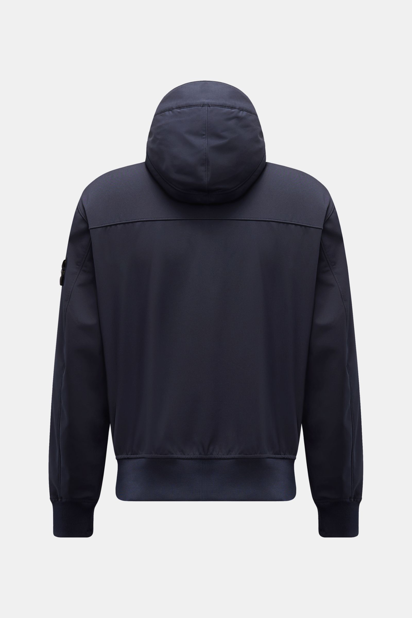 Stone Island Blouson 'Light Soft Shell-R' navy, Rückansicht mit Kapuze, Slim Fit, wind- und wasserabweisend, elastische Bündchen, Kompass-Badge.