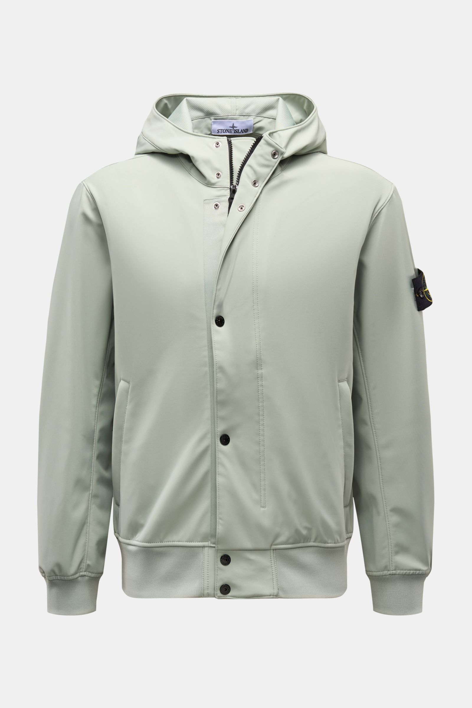 Stone Island Blouson 'Light Soft Shell-R' salbei, Frontansicht, kapuzenhafte Soft Shell Jacke mit wind- und wasserabweisendem dreilagigem Material.