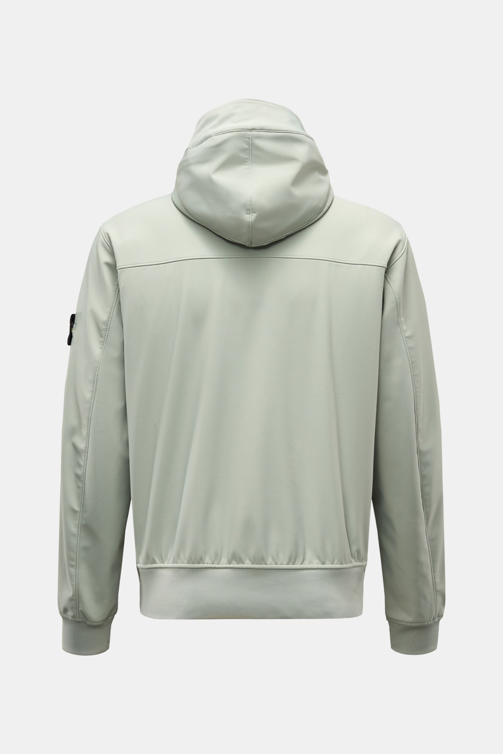 Stone Island Blouson 'Light Soft Shell-R' salbei, Rückansicht, Kapuze mit Tunnelzug, elastische Bündchen, Kompass-Badge am Ärmel, wind- und wasserabweisend.