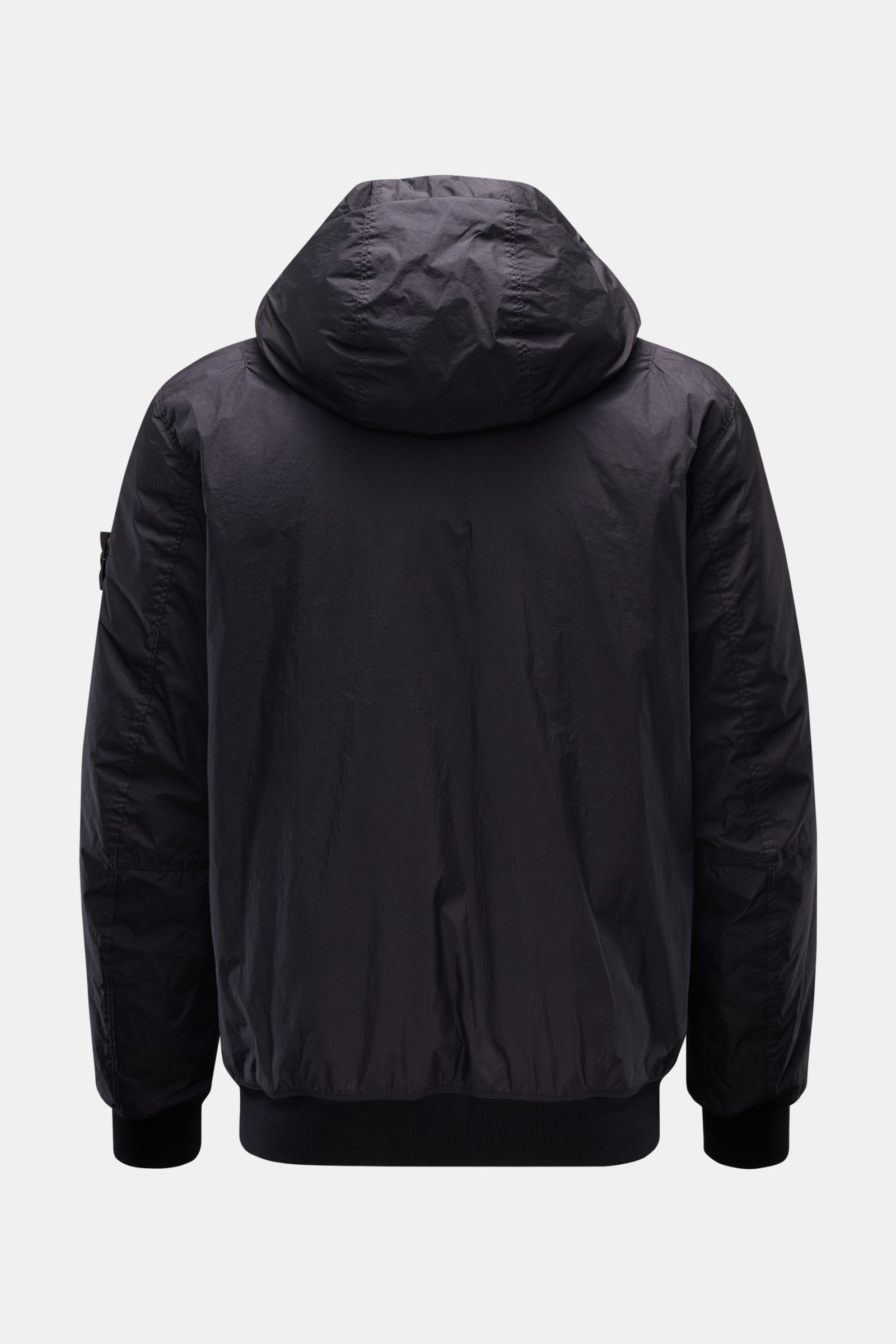 Back view of Stone Island Jacke 'Garment Dyed Crinkle Reps NY' dark navy, lightweight microfibre with crinkle texture, hooded, slim fit, elastic cuffs and hem.