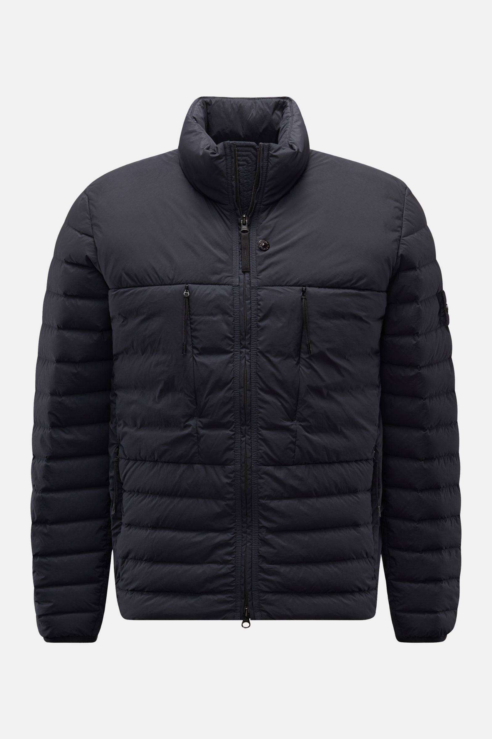 Stone Island Daunenjacke 'Seamless Tunnel Nylon Down-TC' dark navy, frontale Ansicht, leicht elastische Microfaser, wasserabweisend, Slim Fit, zwei-Wege-Reißverschluss, Daunenfüllung, Stehkragen, Kompass-Badge.