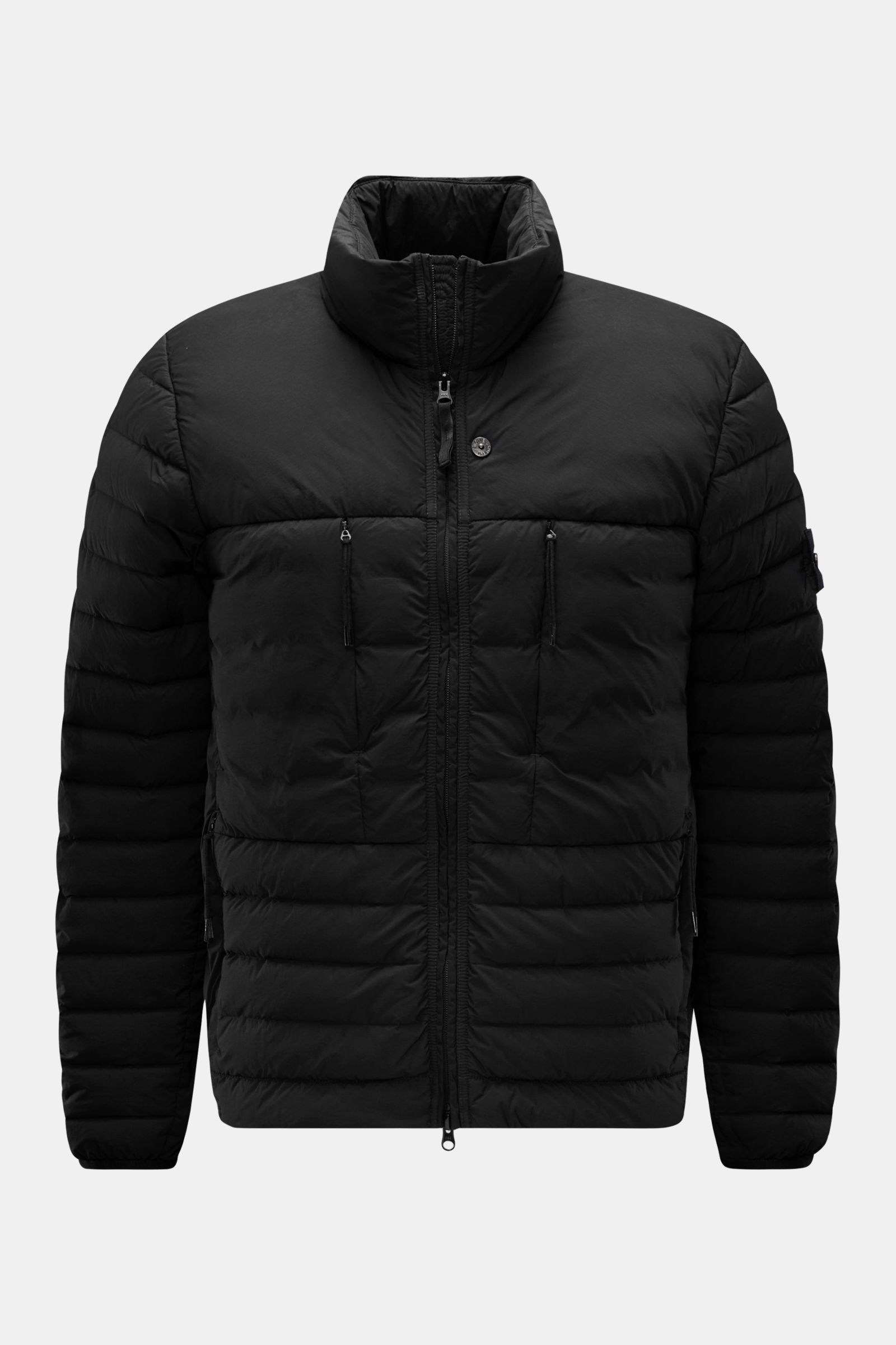 Stone Island Daunenjacke 'Seamless Tunnel Nylon Down-TC' schwarz, Frontansicht, Slim Fit, wasserabweisend, leicht elastisch, mit Kompass-Badge.