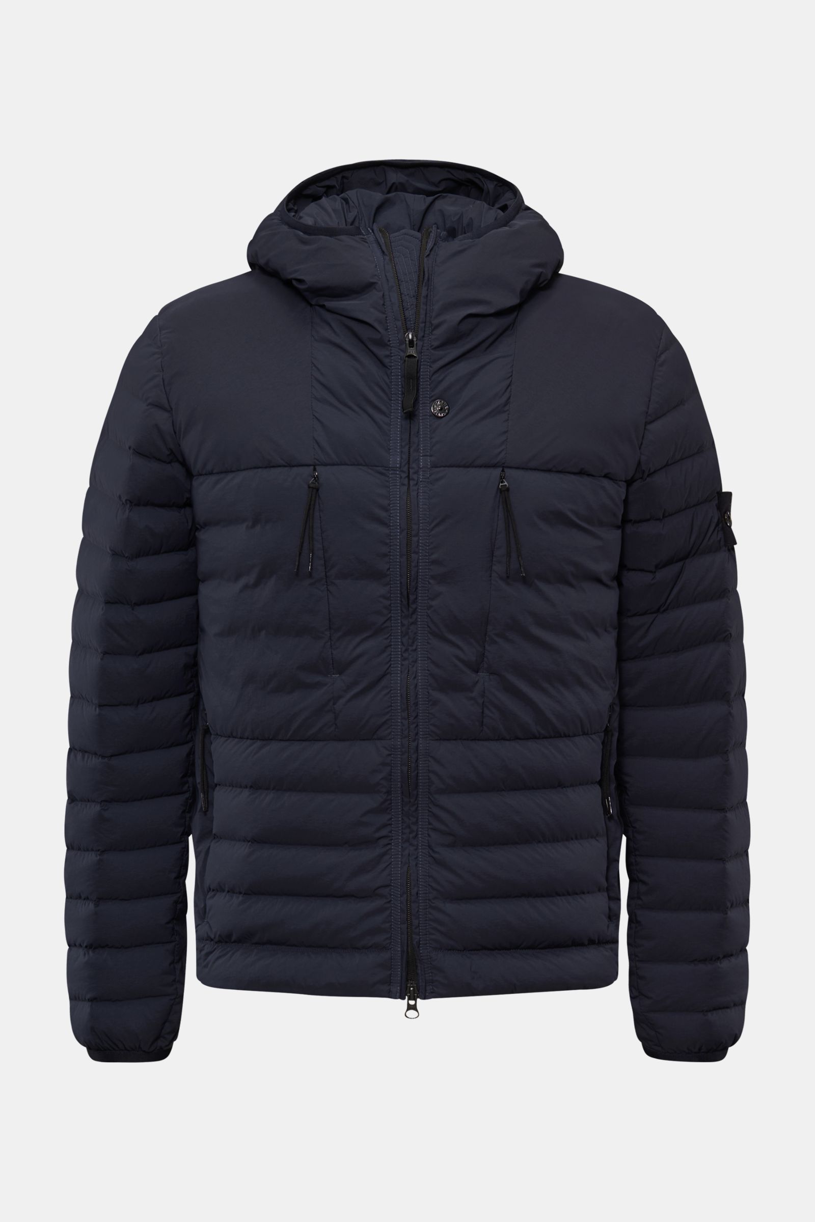 Stone Island Daunenjacke 'Seamless Tunnel Nylon Down-TC' dark navy, frontal fotografiert, mit Kapuze, leicht elastisch, wasserabweisend, Slim Fit, Daunenfüllung, Kompass-Badge.