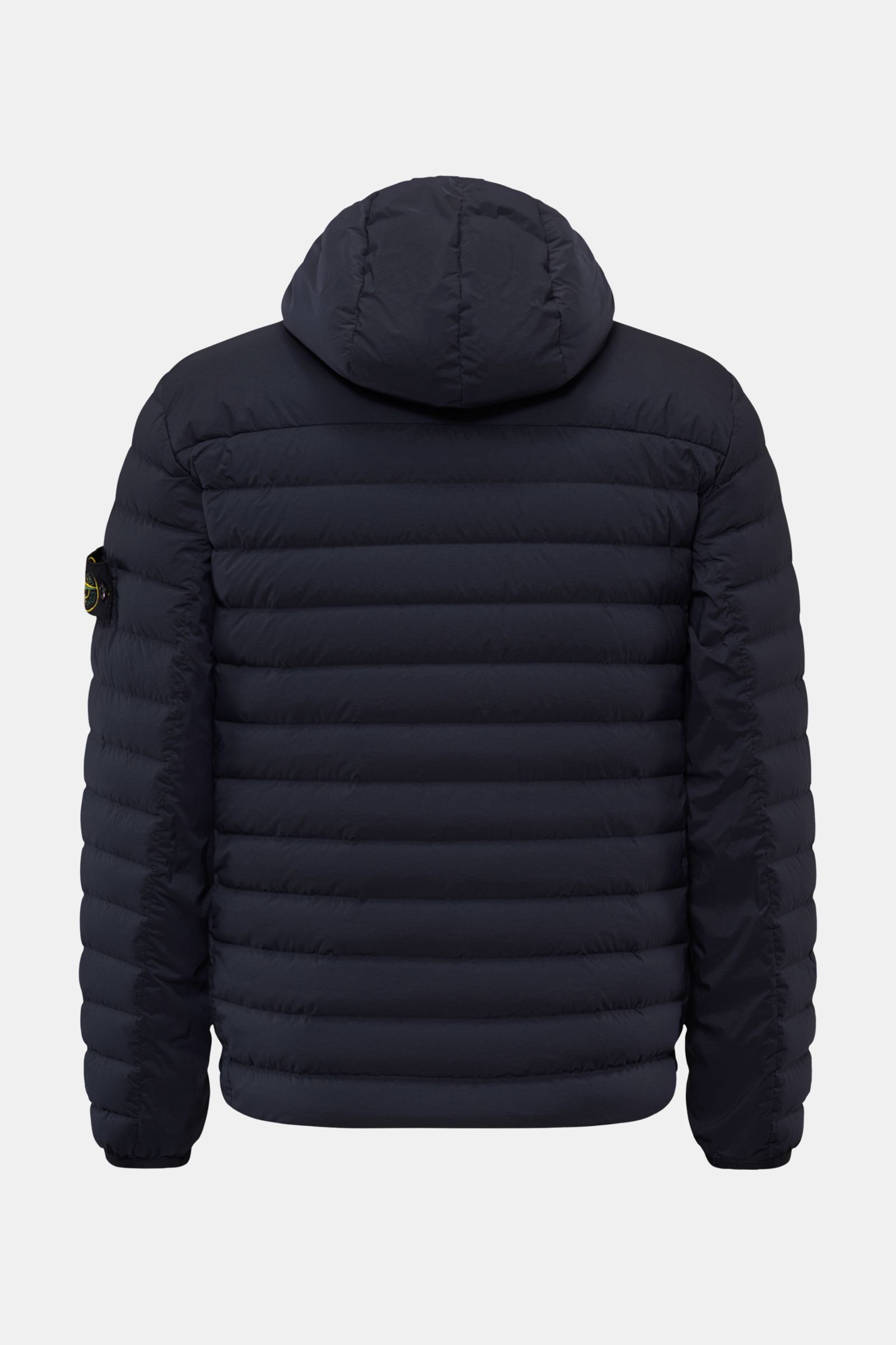 Stone Island Daunenjacke 'Seamless Tunnel Nylon Down-TC' dark navy von hinten, wasserabweisend, mit Kapuze und Kompass-Badge am Ärmel.