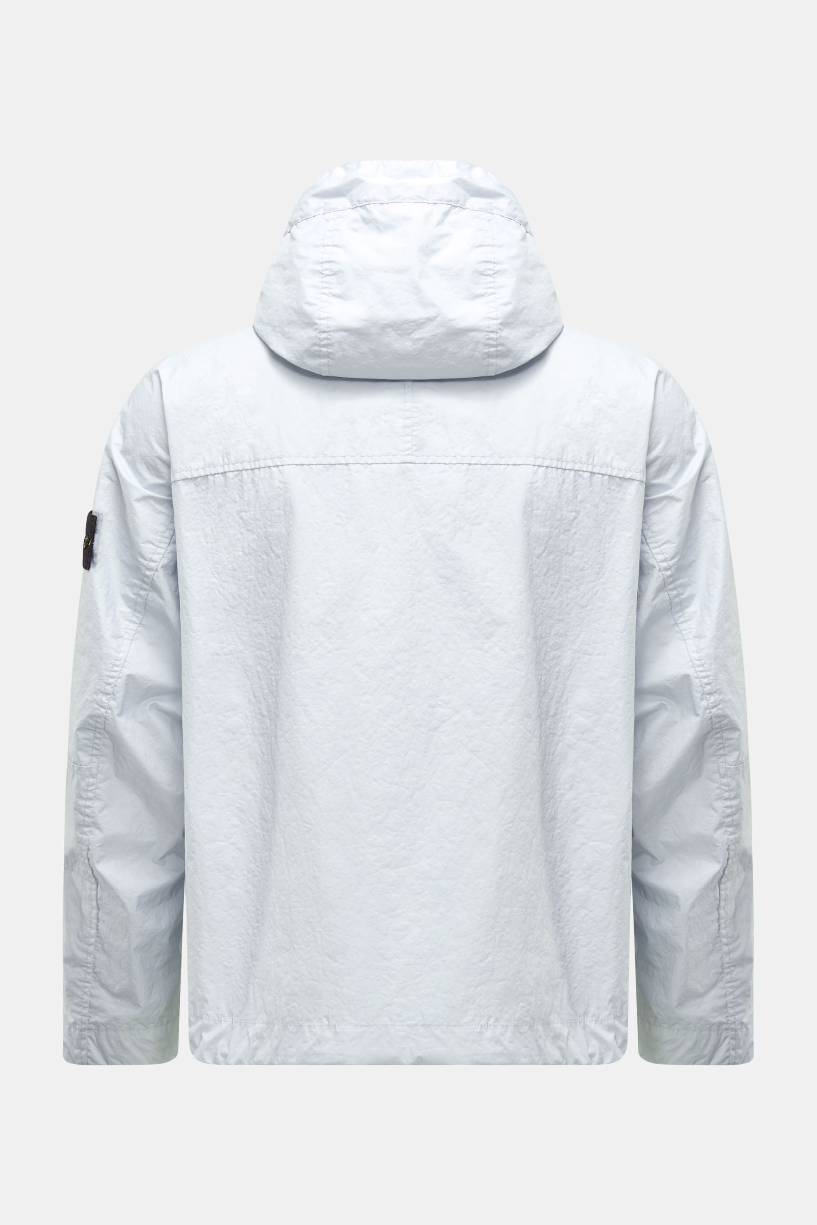 Back view of Stone Island Jacke 'Membrana' hellgrau in light gray, made of lightweight, wind- and water-repellent microfiber with hood, regular fit, and compass badge on sleeve.
