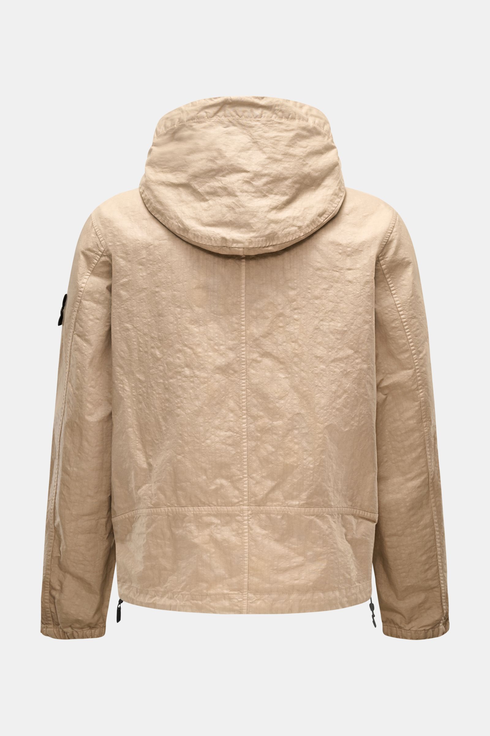 Rear view of Stone Island Jacke 'Organic-Look Nylon Panama-TC' beige, made of high-quality microfiber canvas with a water-repellent coating, featuring a hood with drawstring, elastic cuffs, and adjustable hem.

Mit der Jacke 'Organic-Look Nylon Panama-
