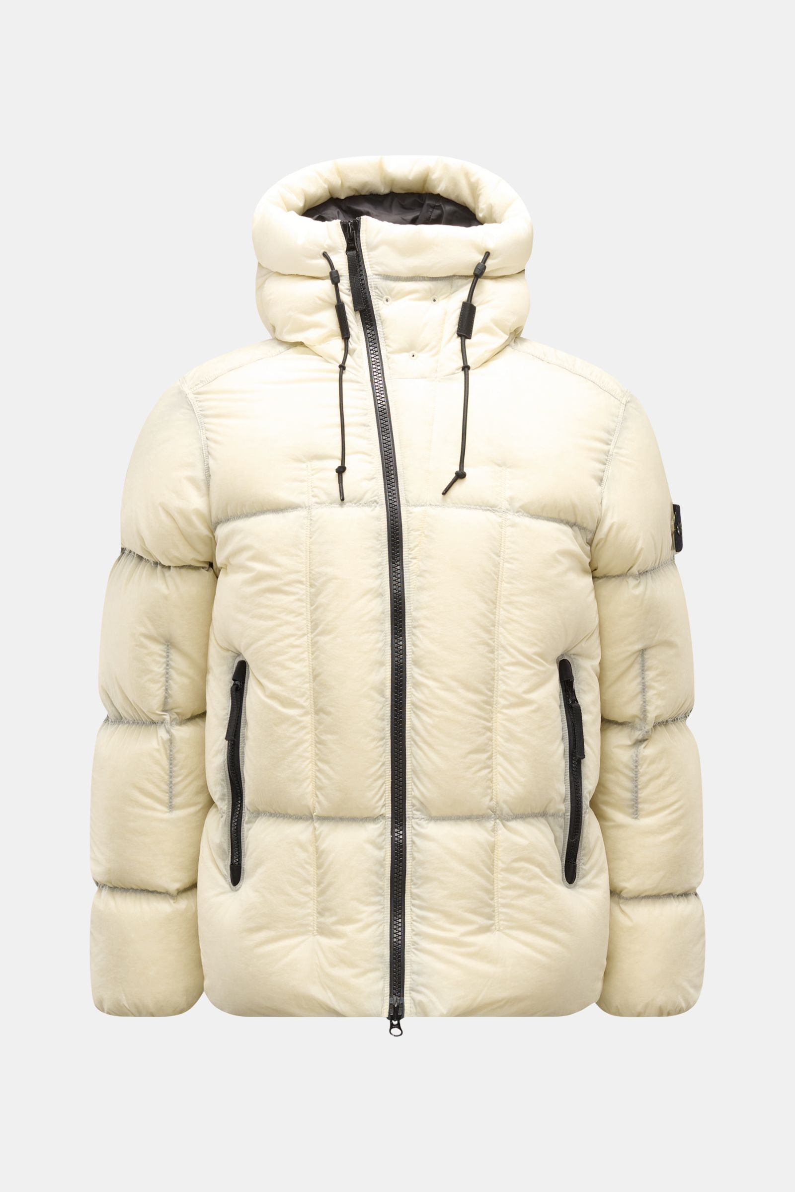 Stone Island Daunenjacke 'Seam Faded Light Nylon Tela' offwhite, Frontansicht, Slim Fit, Daunenfüllung, wattierte Kapuze mit Tunnelzug, Zipper-Taschen.
