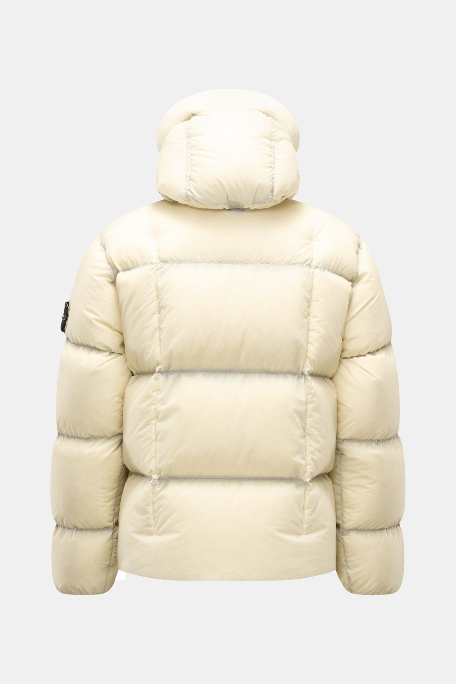 Stone Island Daunenjacke 'Seam Faded Light Nylon Tela' offwhite, Rückansicht, Slim Fit mit wärmender Daunenfüllung, Kapuze und Zipper-Taschen.