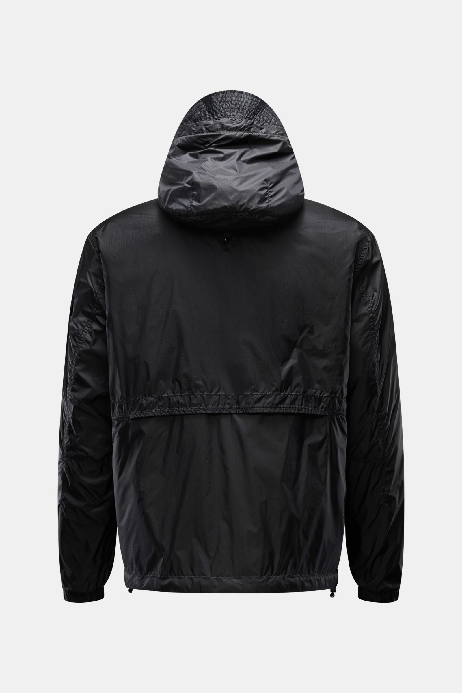 Stone Island Blouson 'Light Ripstop Cordura' black shown from the back, featuring a drawstring hood, elastic cuffs, and durable ripstop fabric. Robust yet lightweight, this blouson is made of high-strength ripstop fabric with a special finish for wet weat