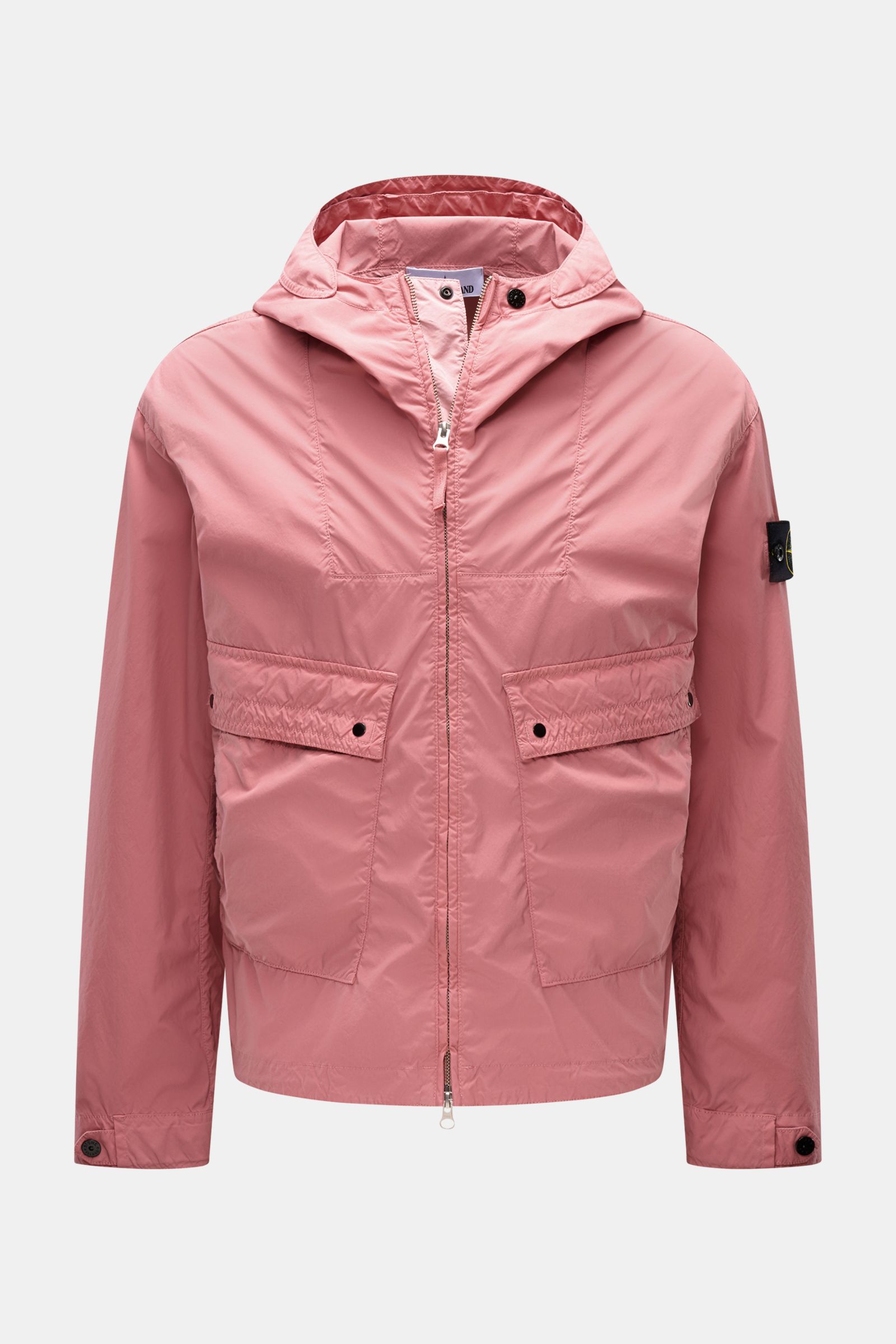 Front view of Stone Island Jacket 'Light Compact Touch Poly-TC' antique pink, lightweight, water repellent, with hood, two patch pockets, adjustable cuffs, and signature compass badge on sleeve; made for changeable days with stretchy microfibre, light vel