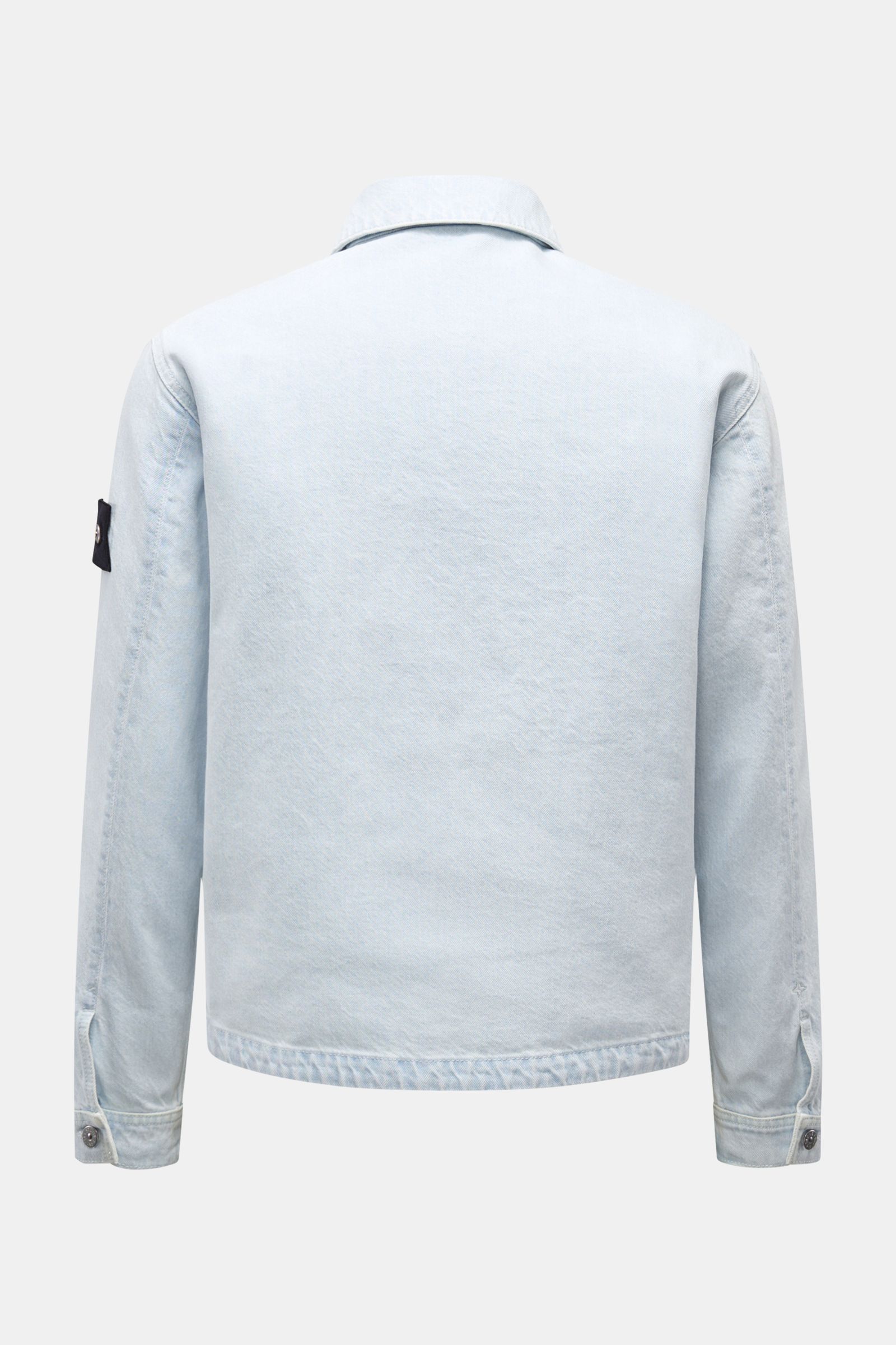 Stone Island Denim jacket pastel blue shown from the back, slim fit denim with turn-down collar, button cuffs, and Compass badge on sleeve.