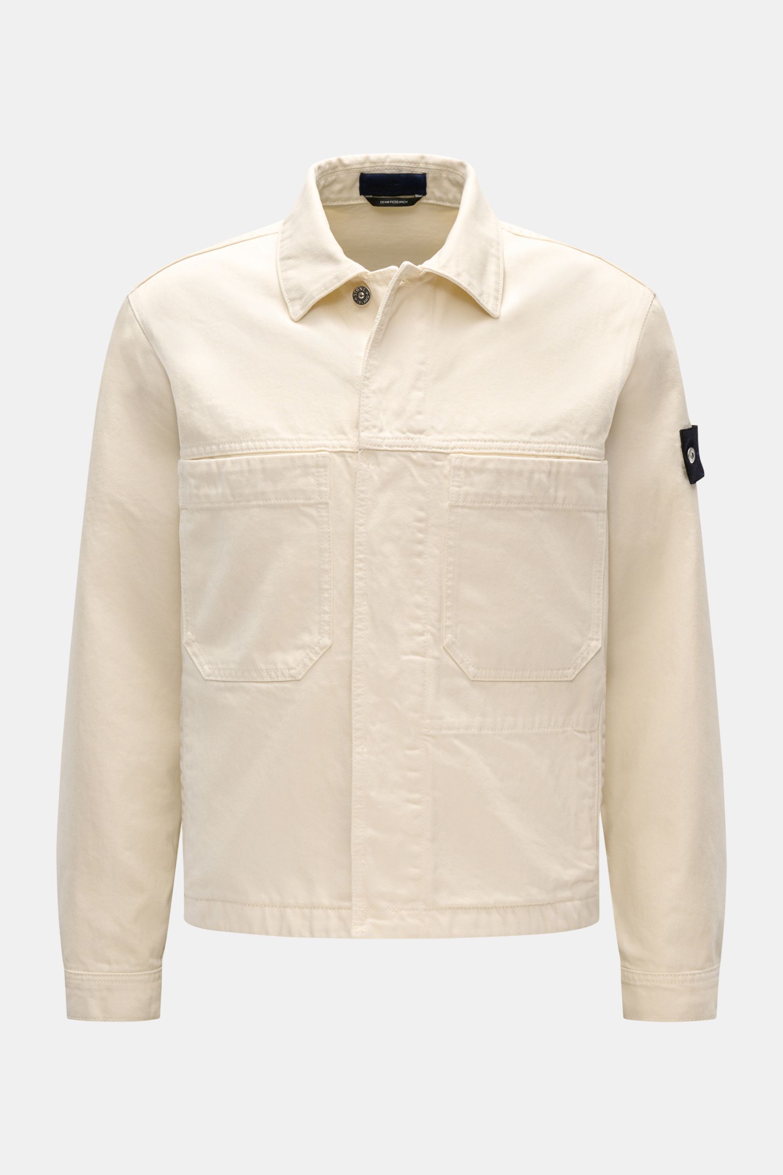 Stone Island Jeansjacke 'Light Bull Denim-TC' creme, frontale Ansicht, Slim Fit, wasserabweisend, Baumwolle, Brusttaschen, Kompass-Badge, Knopfleiste.