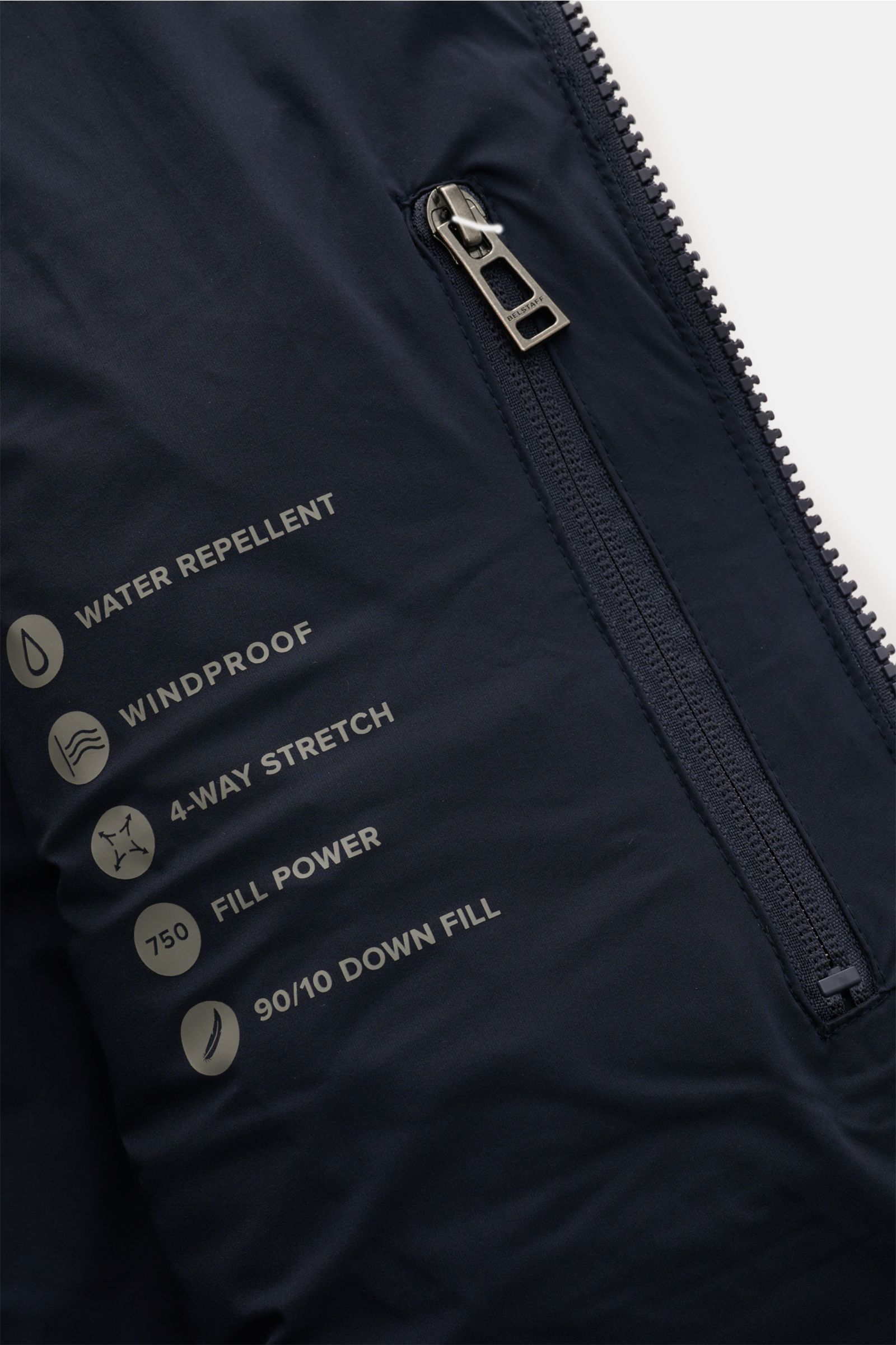 Belstaff Daunenjacke 'Chassis' navy Detailaufnahme von Reißverschluss, wasserabweisendem, elastischem Microfaserstoff und Slim Fit Design.