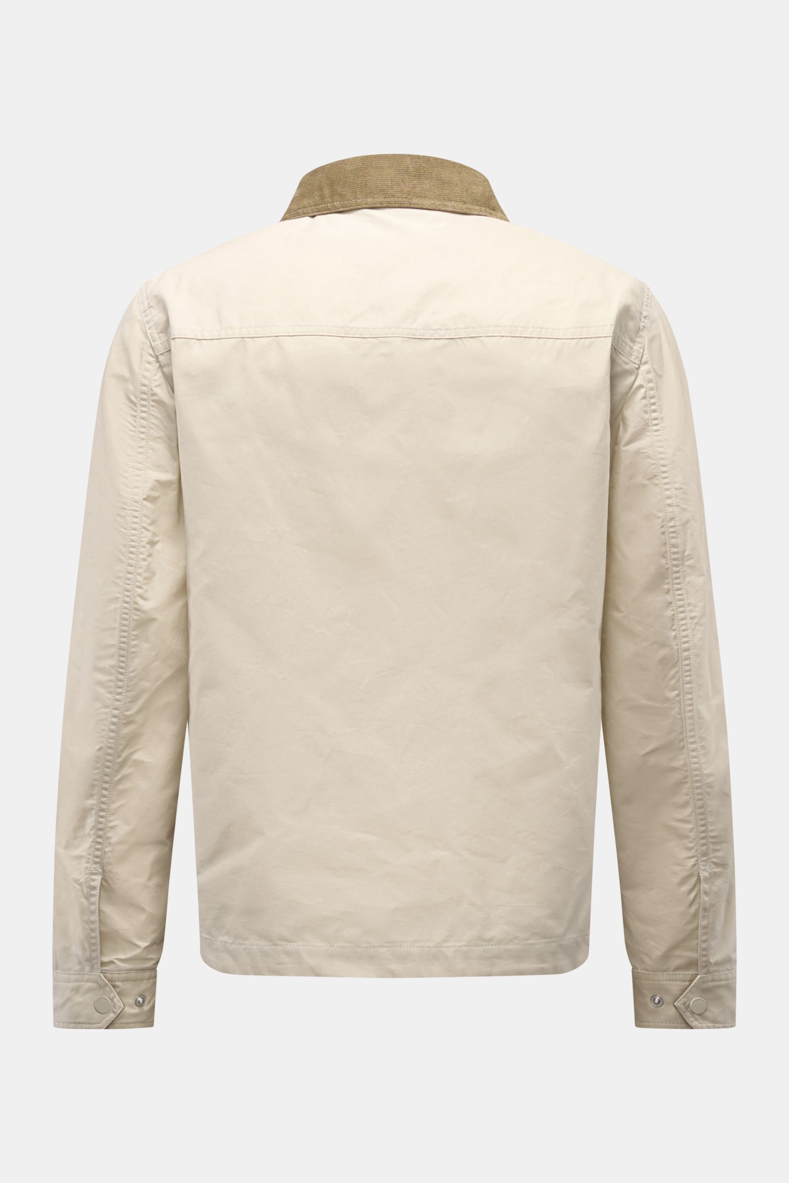 Back view of Belstaff Jacket 'Ground' cream/taupe in waxed cotton with corduroy-trimmed collar, slim fit, snap button cuffs, and clean design.

The classic from BELSTAFF: Made from waxed cotton in a boxy cut with a corduroy-trimmed collar, this jacket 