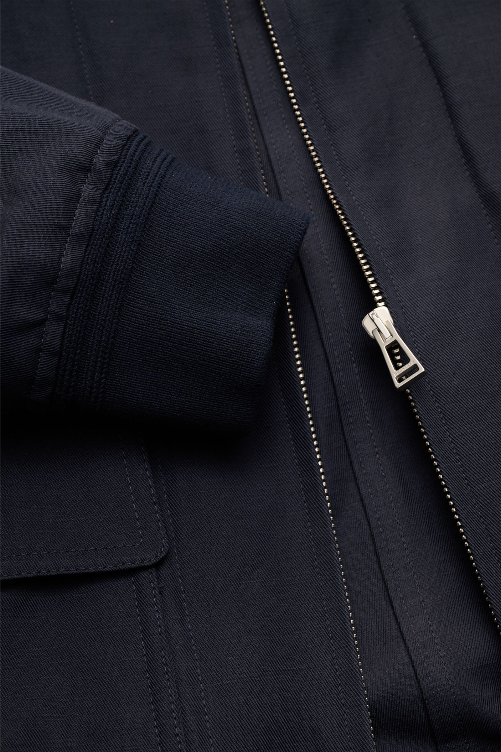 Belstaff Blouson 'Helston' navy im Detail von oben mit Twill aus Leinen-Baumwolle, verdecktem Reißverschluss, Rippbündchen und Knopftaschen.