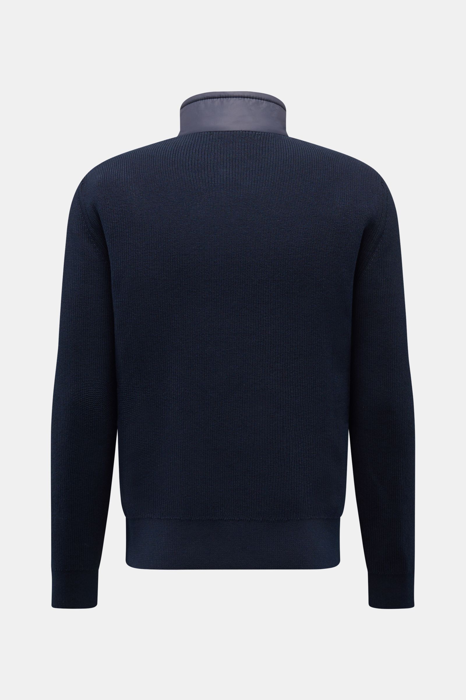 Rear view of Belstaff Daunenjacke 'Control Cardigan' navy, a slim fit hybrid jacket with wool knit back, microfiber high collar, and ribbed cuffs. The hybrid 'Control Cardigan' from BELSTAFF is a cool transitional jacket with a practical, warming down-fil