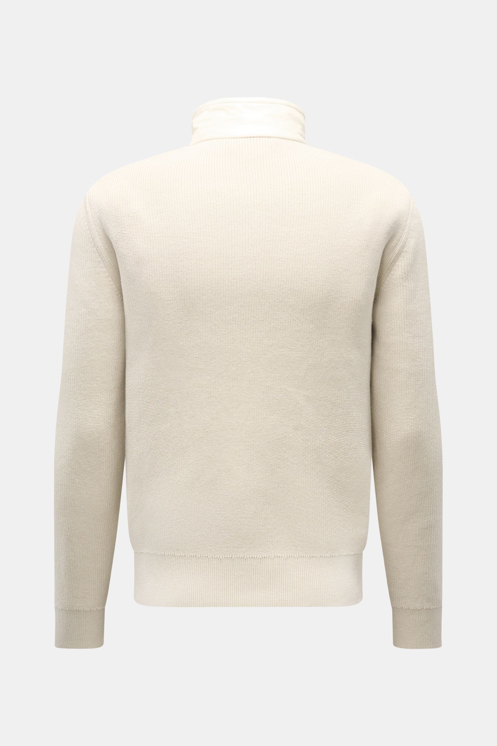 Belstaff Daunenjacke 'Control Cardigan' sand in Extra Slim Fit, Rückansicht, Mikrofaser-Daunenfront, Wollstrick, Stehkragen, Rippbündchen.