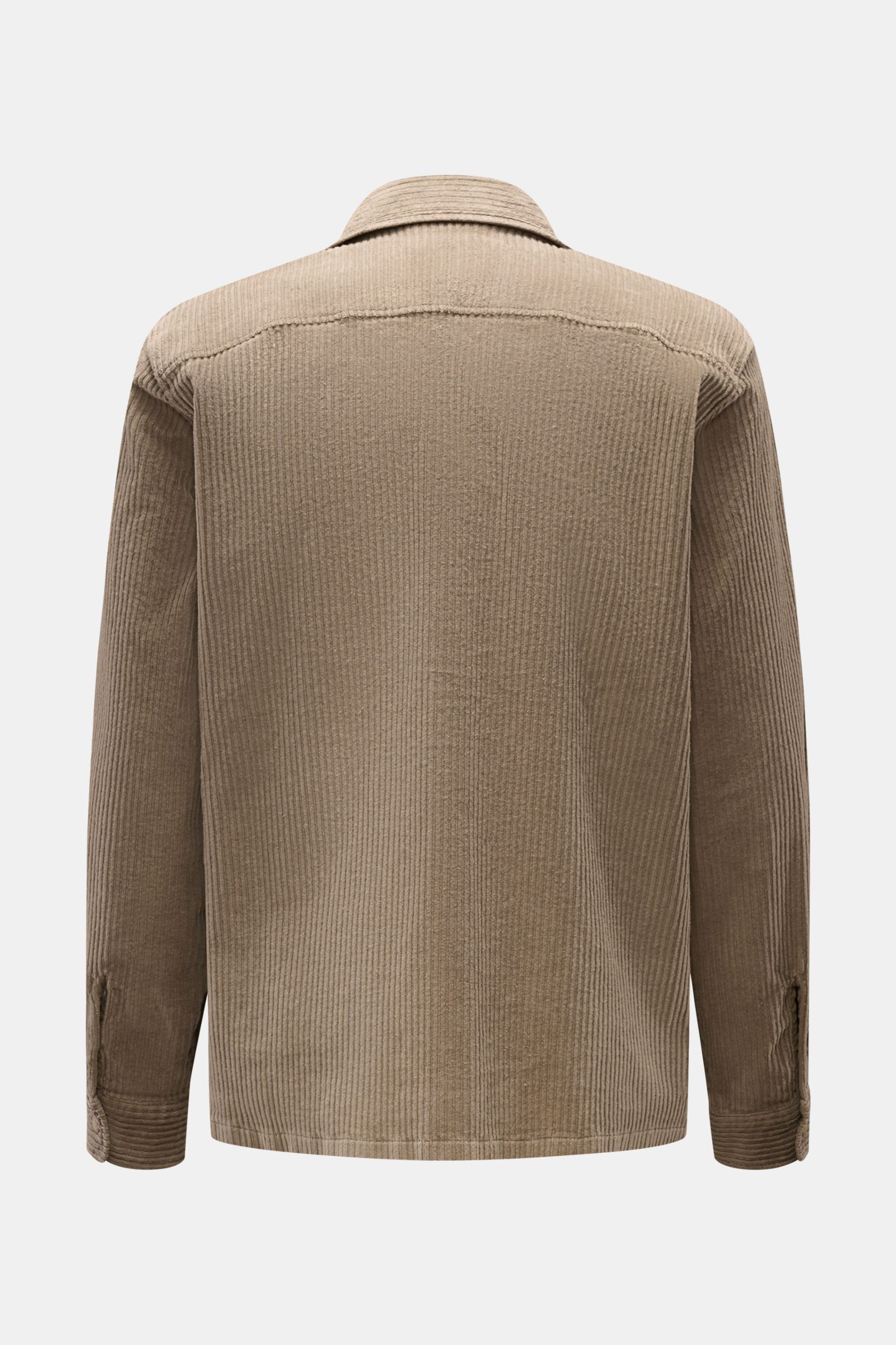 Rückansicht des taupefarbenen 04651/ A trip in a bag Cord-Overshirts aus elastischem Baumwoll-Cord im Regular Fit mit Umlegekragen.