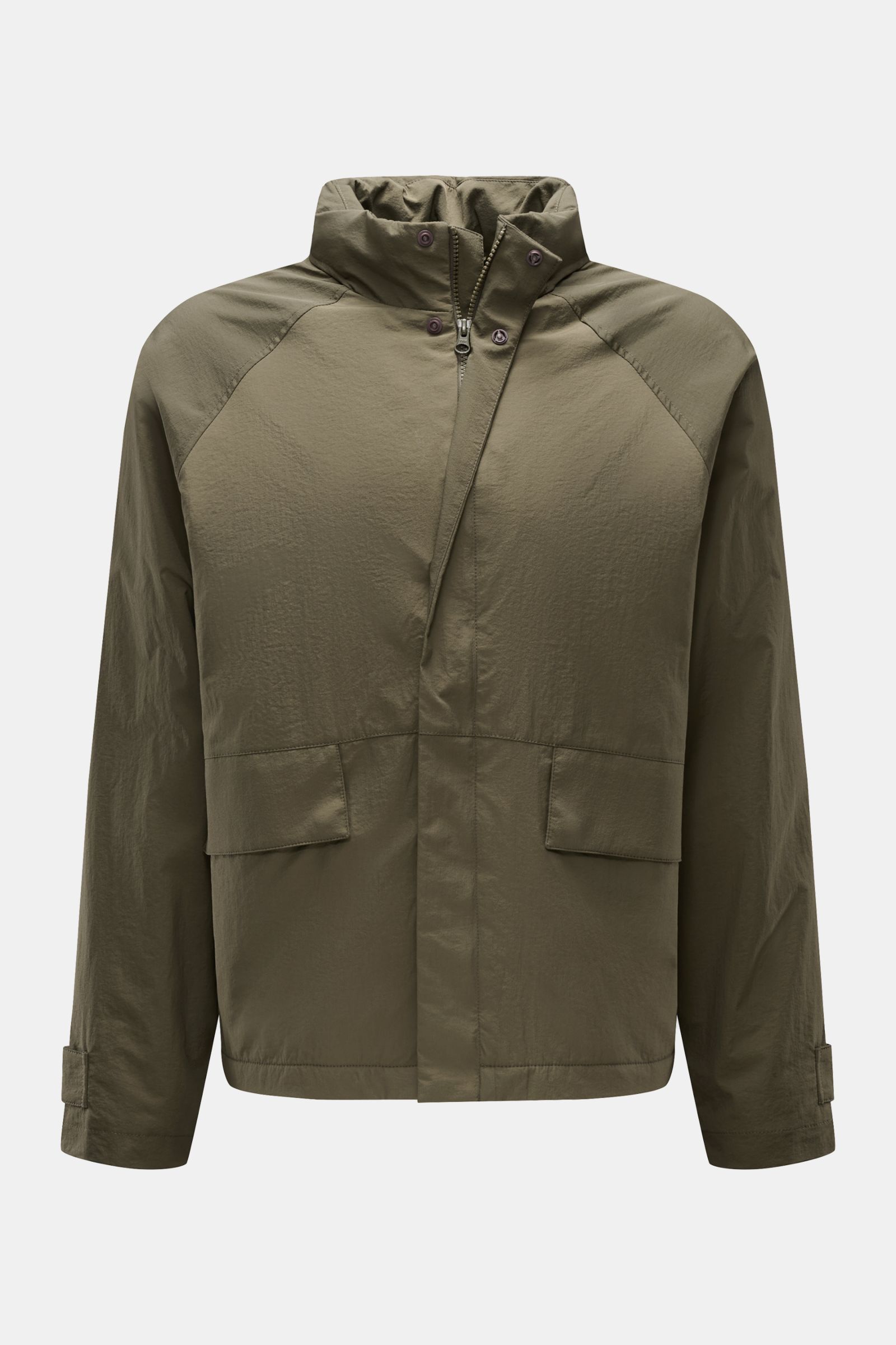 Front view of the 04651/ A trip in a bag Jacket olive made of high-quality microfibre with smooth feel, lightweight padding, wind and water repellent, regular fit, zip, concealed hood in collar, raglan sleeves, hip pockets with flap, small woven label in 