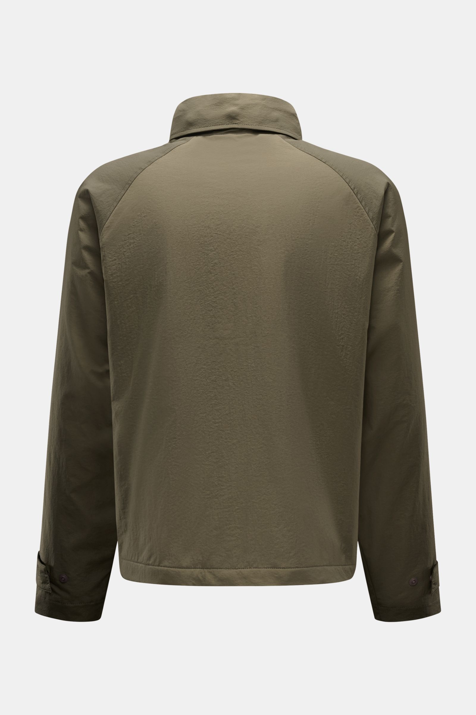 Back view of the 04651/ A trip in a bag Jacket olive, made of high-quality microfibre with smooth feel, lightweight padding, wind and water repellent, regular fit, zip, concealed hood in collar, raglan sleeves, hip pockets with flap, small woven label in 