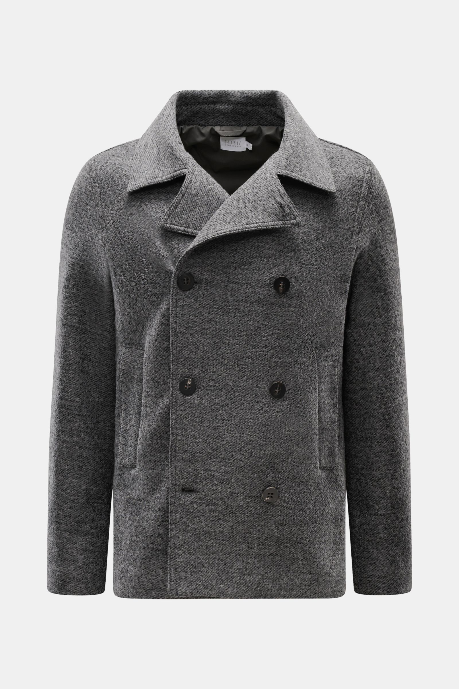 04651/ A trip in a bag Cabanjacke dunkelgrau meliert, von vorne fotografiert, Slim Fit, Mix aus Wolle und Microfaser, leicht strukturierter Griff, zweireihige Drei-Knopf-Leiste, variabler Reverskragen, schräge Leistentaschen, glatter Futterstoff, eine Inn