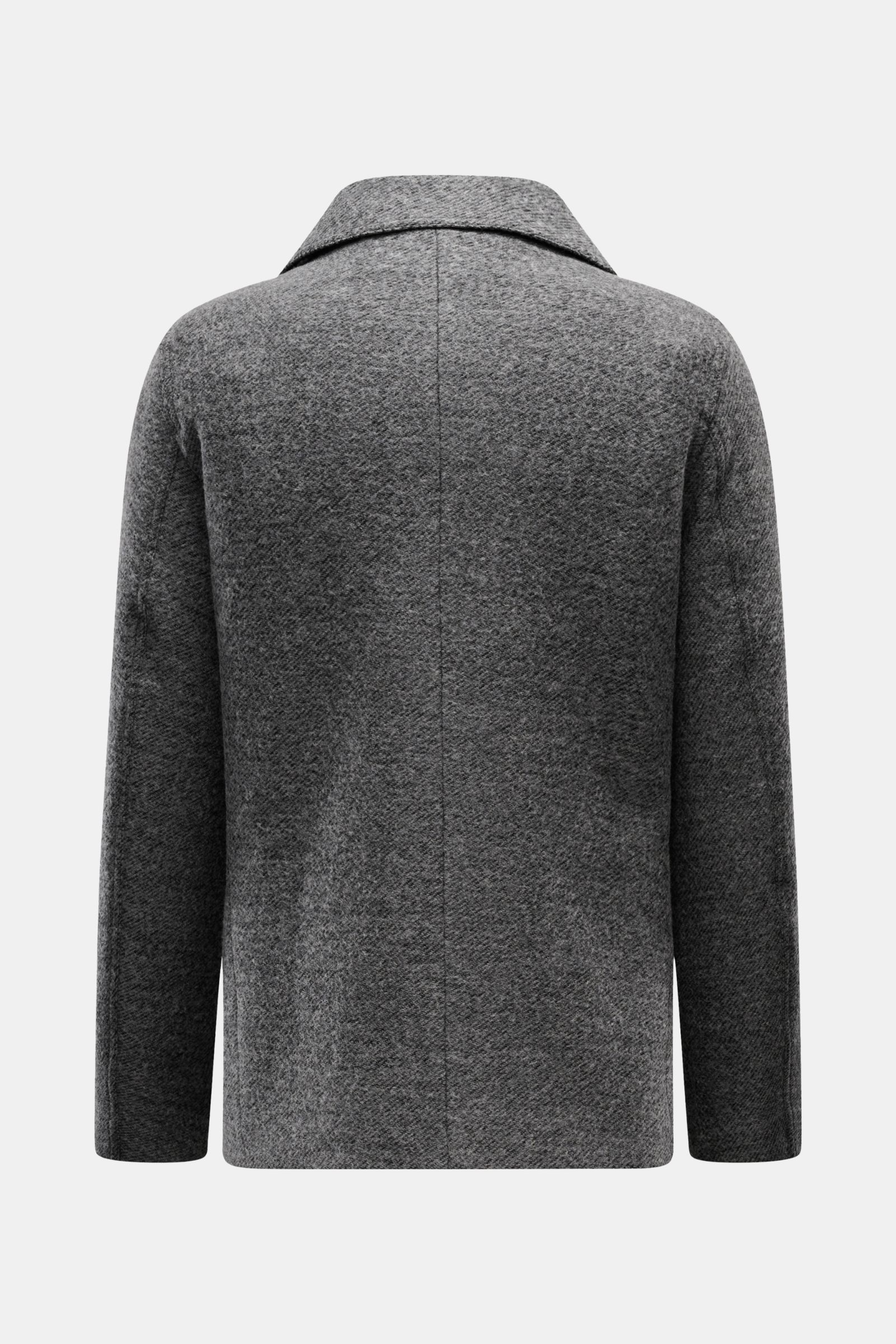 04651/ A trip in a bag Cabanjacke dunkelgrau meliert, Rückansicht, Slim Fit, Woll-Microfaser-Mix, strukturierter Griff, variabler Reverskragen, zwei schräge Leistentaschen, glattes Futter, Innentasche.