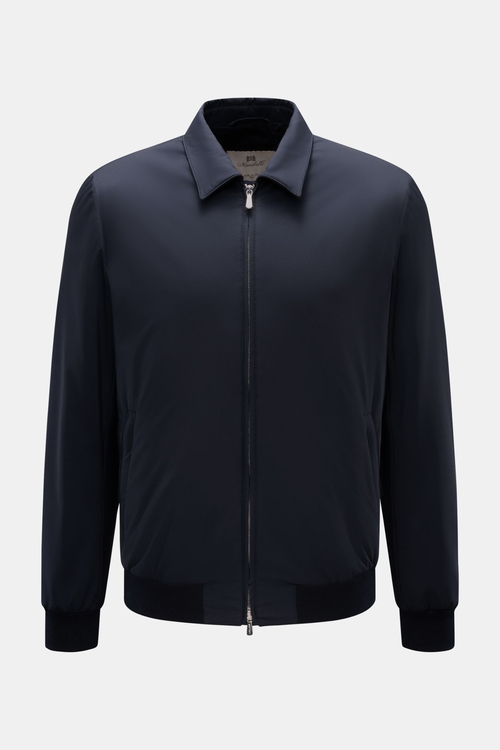 Front view of the Mandelli Blouson navy, a slim fit, lightly padded microfibre jacket with a smooth touch, concealed two-way zipper, shirt collar, slanted zip pockets, ribbed cuffs and hem, buttoned sleeve ends, cotton-jersey lining, and two inner buttone