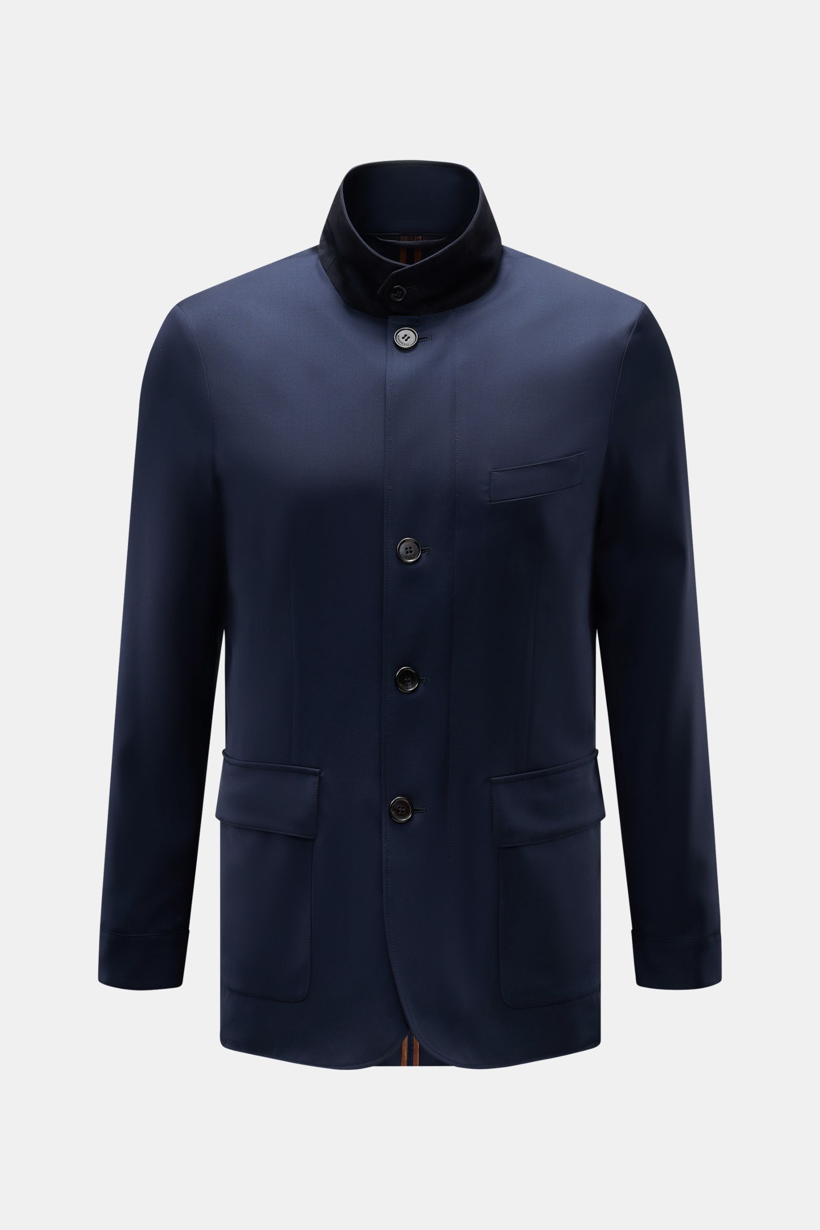 Mandelli Jacke navy aus reiner Schurwolle, Slim Fit, stehendem Kragen, zwei-Wege-Reißverschluss, Knopfleiste, Taschen, frontal fotografiert.