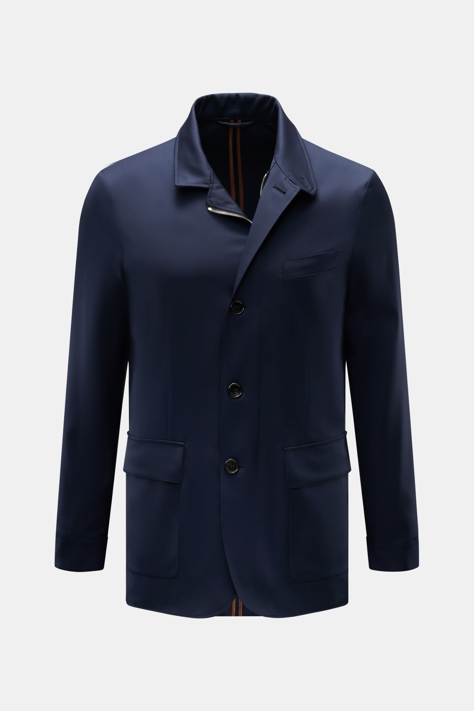 Mandelli Jacke navy, Slim Fit aus reiner Schurwolle, frontale Ansicht mit Stehkragen, Zwei-Wege-Reißverschluss, Windblende, Knopfärmeln, zwei Innentaschen, halb gefüttert.