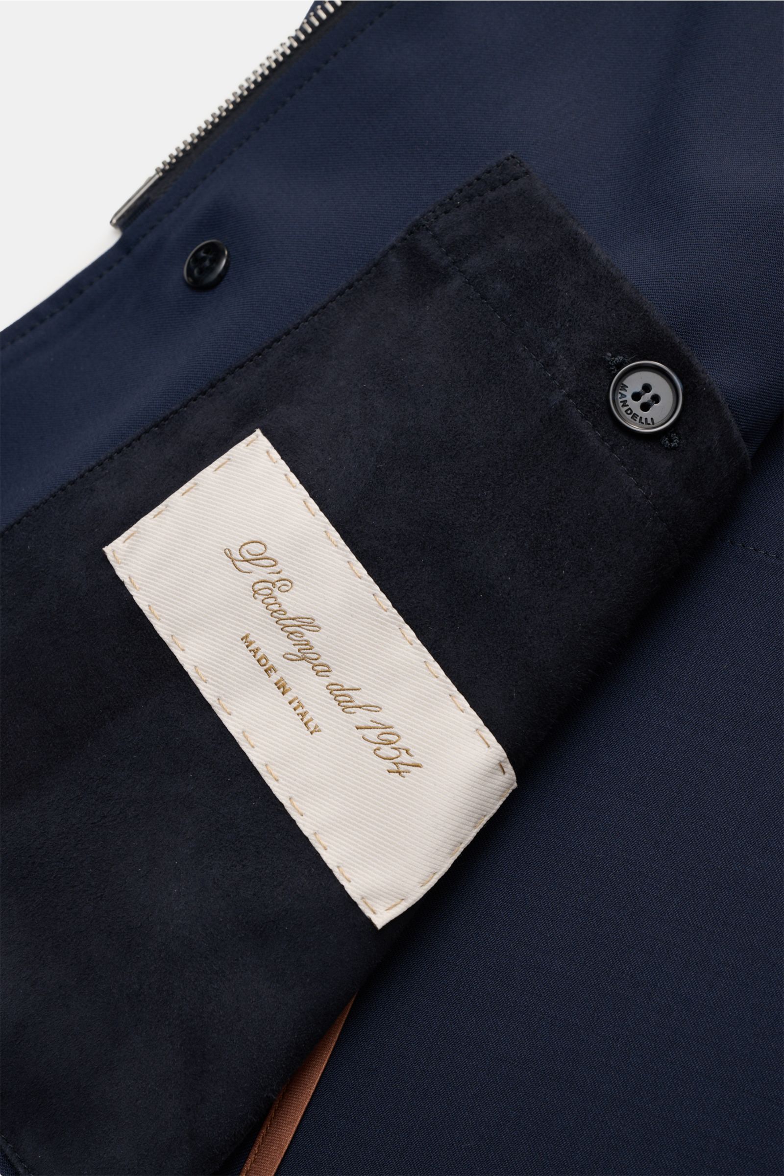Nahaufnahme der Innenseite der Mandelli Jacke navy, reine Schurwolle, Slim Fit, zwei-Wege-Reißverschluss, Knopfdetails, Stehkragen, halb gefüttert.