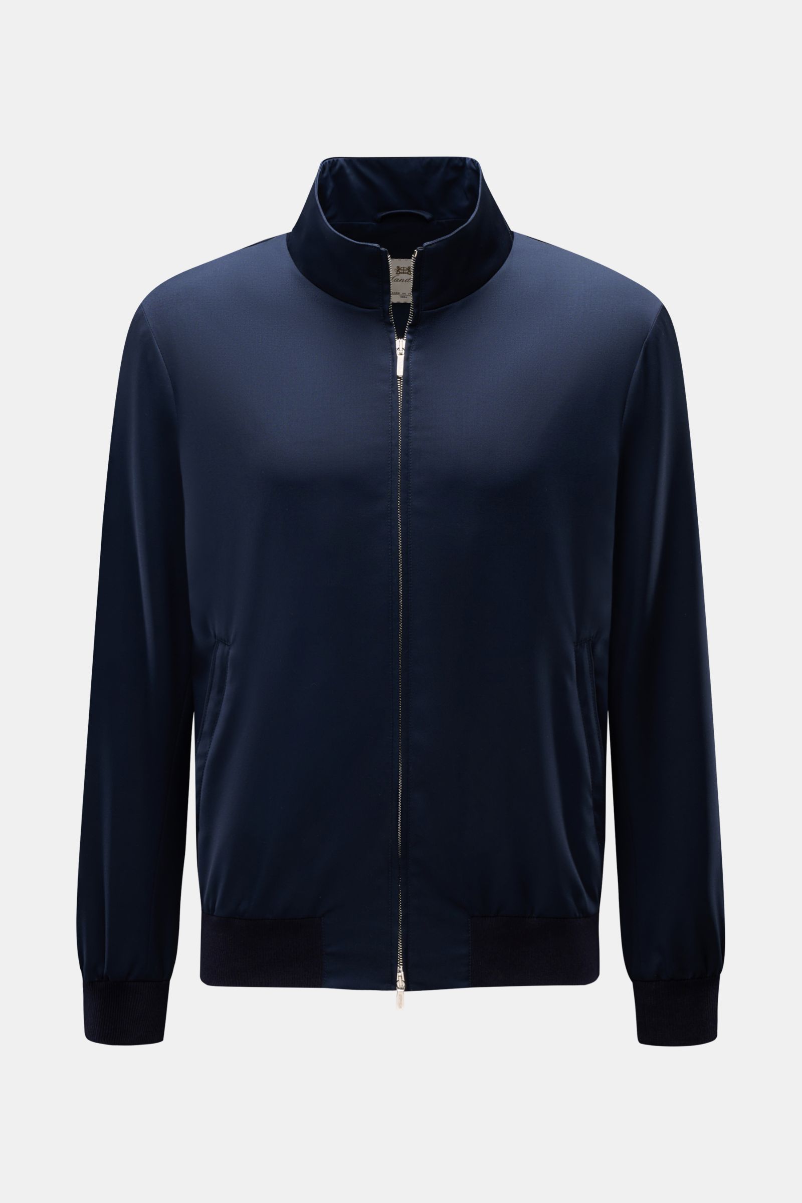 Front view of Mandelli Blouson navy in pure wool with slim fit, two-way zip, standing collar, elastic hem and cuffs, smooth lining, and three inside pockets, offering elegant ease for the transitional period.