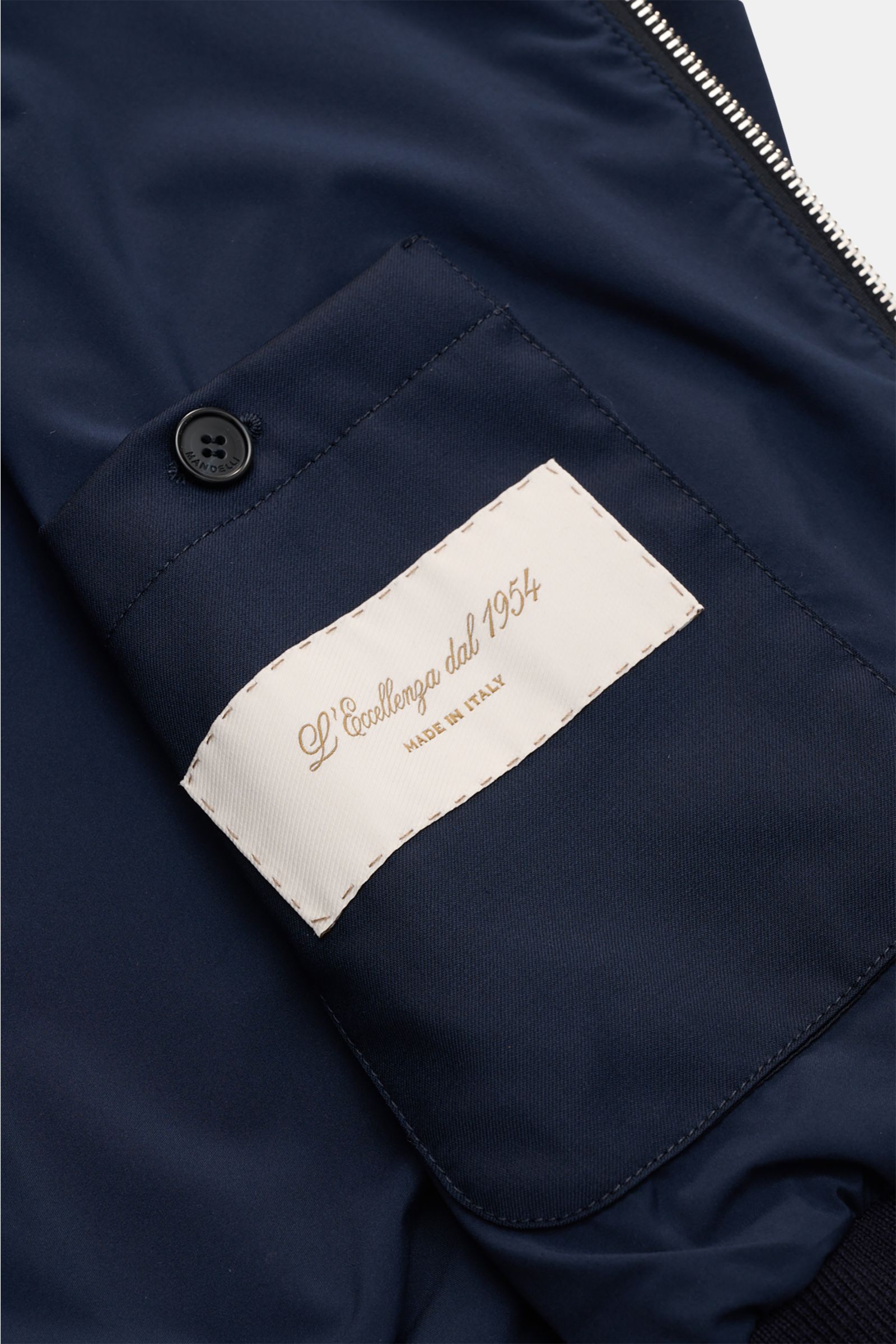 Close-up interior view of Mandelli Blouson navy showing a navy fabric pocket with button and a beige label 'L'Eccellenza dal 1954 Made in Italy,' highlighting smooth lining and craftsmanship. Elegant ease for the transitional period: This blouson by MANDE