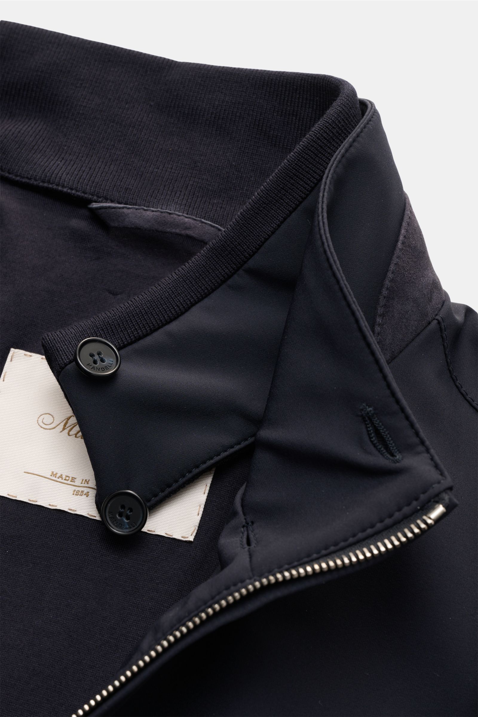 Mandelli Blouson navy in Slim Fit, Detailaufnahme von Stehkragen mit Zwei-Wege-Reißverschluss, glattem Microfasergriff.