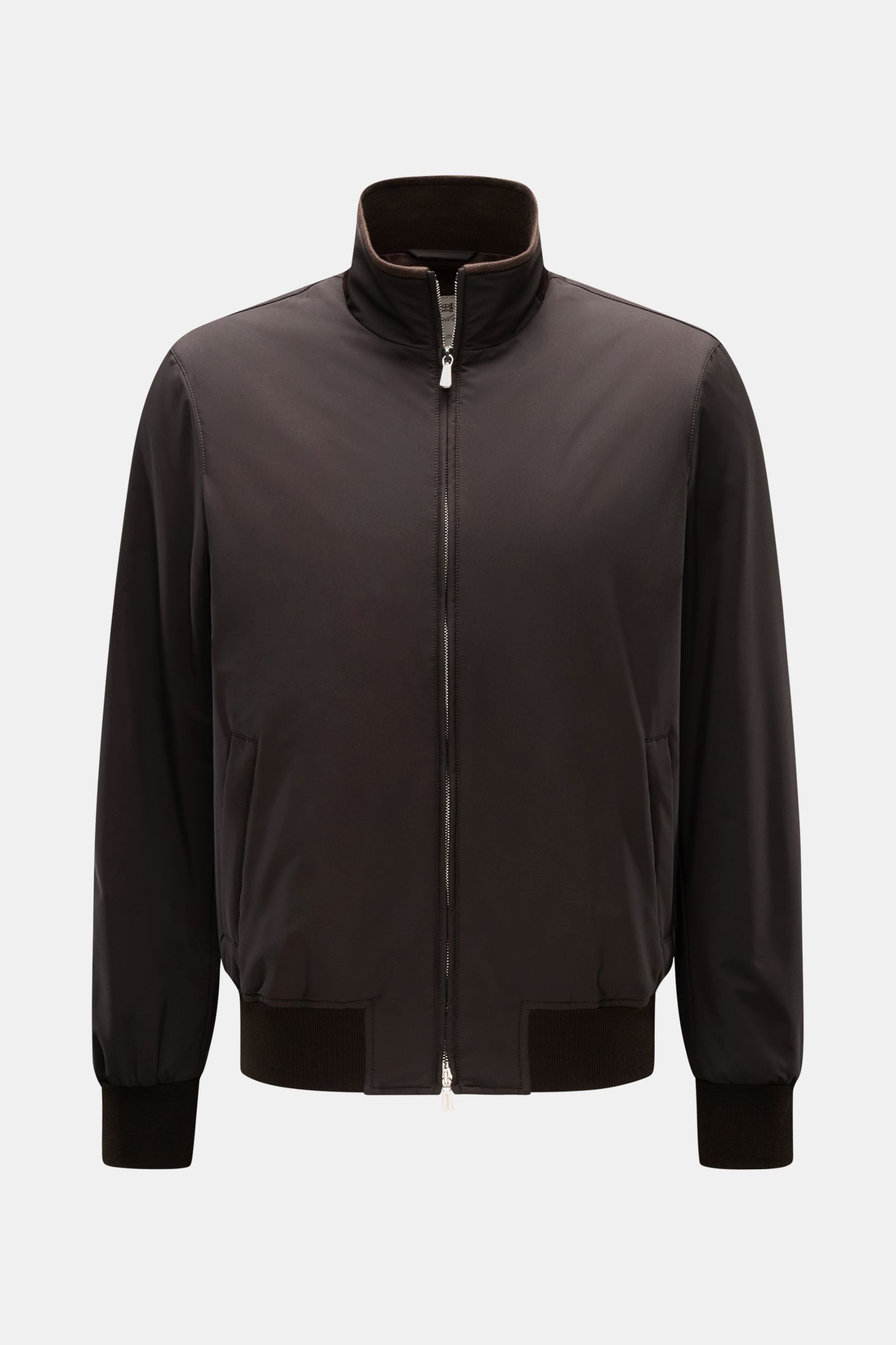 Front view of Mandelli Blouson dark brown, a slim fit jacket in high-quality microfiber with goat suede trim, robust two-way zip, high-closing standing collar, hip pockets with concealed zip, wide ribbed bands, smooth lining, and two inside pockets. A per