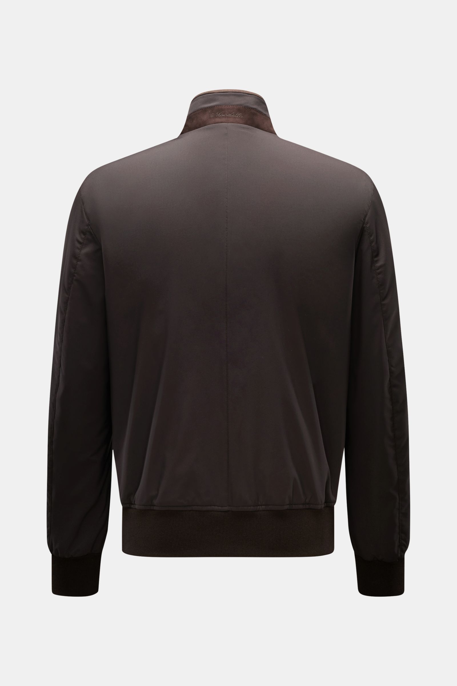 Mandelli Blouson dark brown shown from the back, slim fit with high-closing standing collar, goat suede trim, ribbed bands, and concealed zip pockets. A perfect symbiosis of luxury and comfort: This blouson by MANDELLI is confidently elegant and effortles