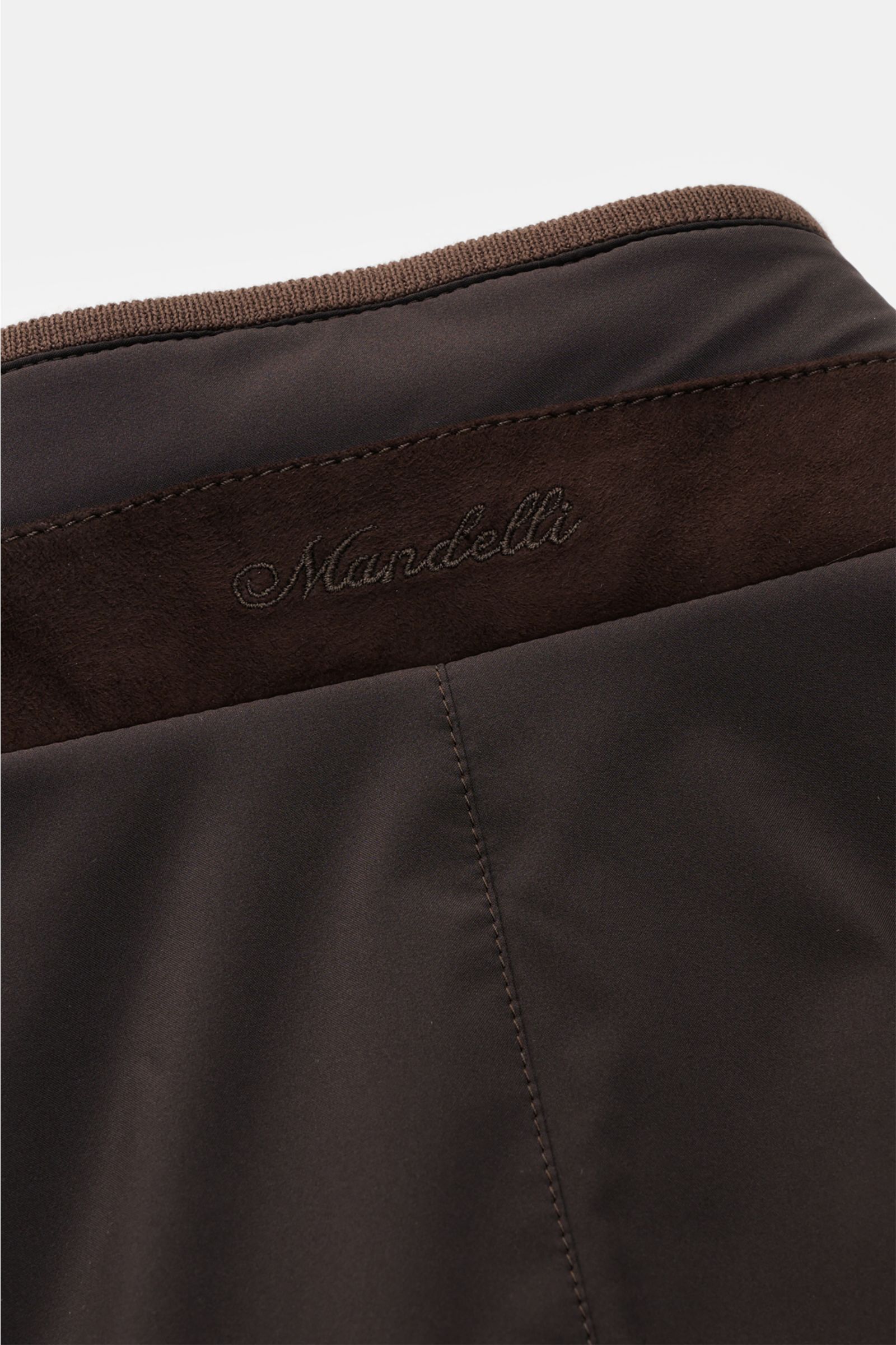 Close-up rear view of the Mandelli Blouson dark brown showcasing high-quality microfibre, goat suede trim with embroidered logo, soft feel, slim fit, robust two-way zip, high-closing standing collar, hip pockets with concealed zip, wide ribbed bands, smoo