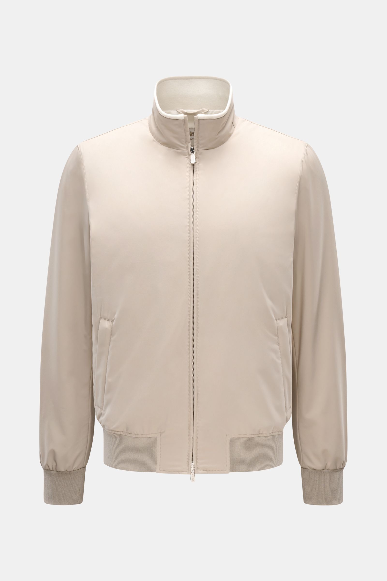 Front view of Mandelli Blouson beige, a slim fit, high-quality microfibre jacket with goat suede trim, ribbed bands, two-way zip, hip and inside pockets, and a high-closing standing collar, combining luxury and comfort for mild days.