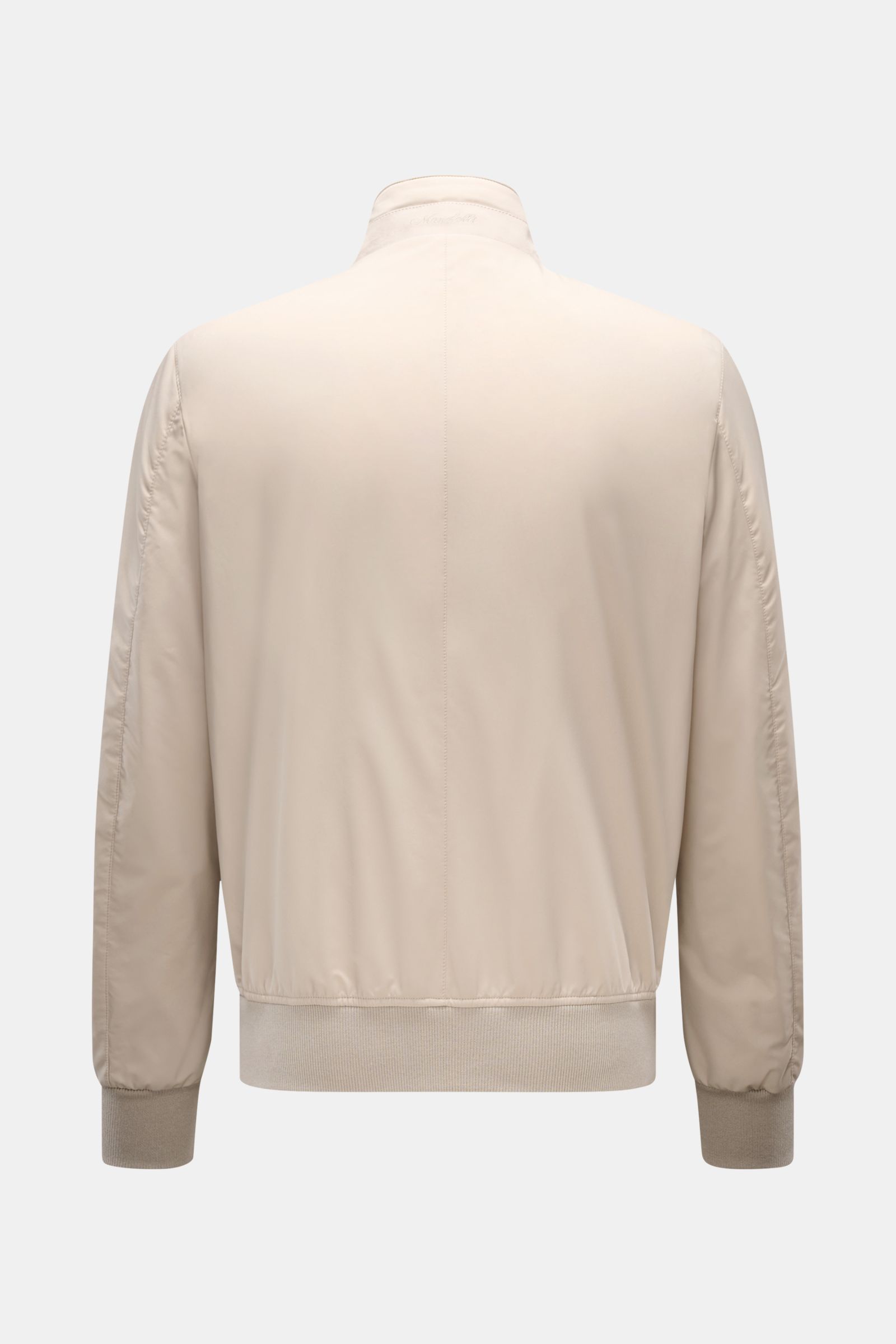 Mandelli Blouson beige shown from the back, slim fit with high-closing standing collar, wide ribbed bands, and soft microfibre material. A perfect symbiosis of luxury and comfort: This blouson by MANDELLI is confidently elegant and effortlessly enhances y
