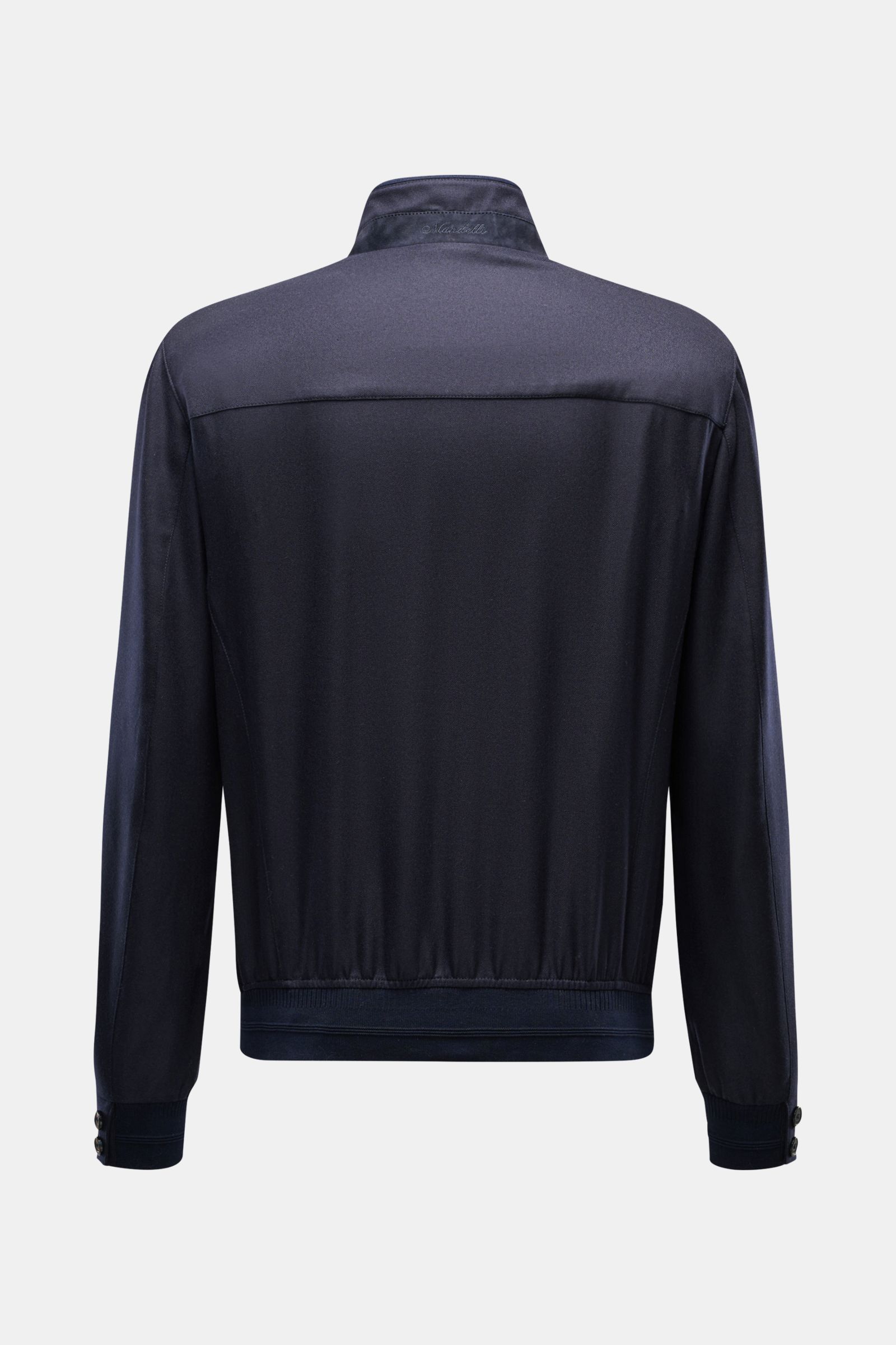 Rear view of Mandelli Cashmere blouson navy, pure cashmere, soft feel, slim fit with two-way zip, standing collar, elastic hem and cuffs, half lined, two inside pockets. Exquisite ease for the transitional period, timelessly elegant with a luxurious chara